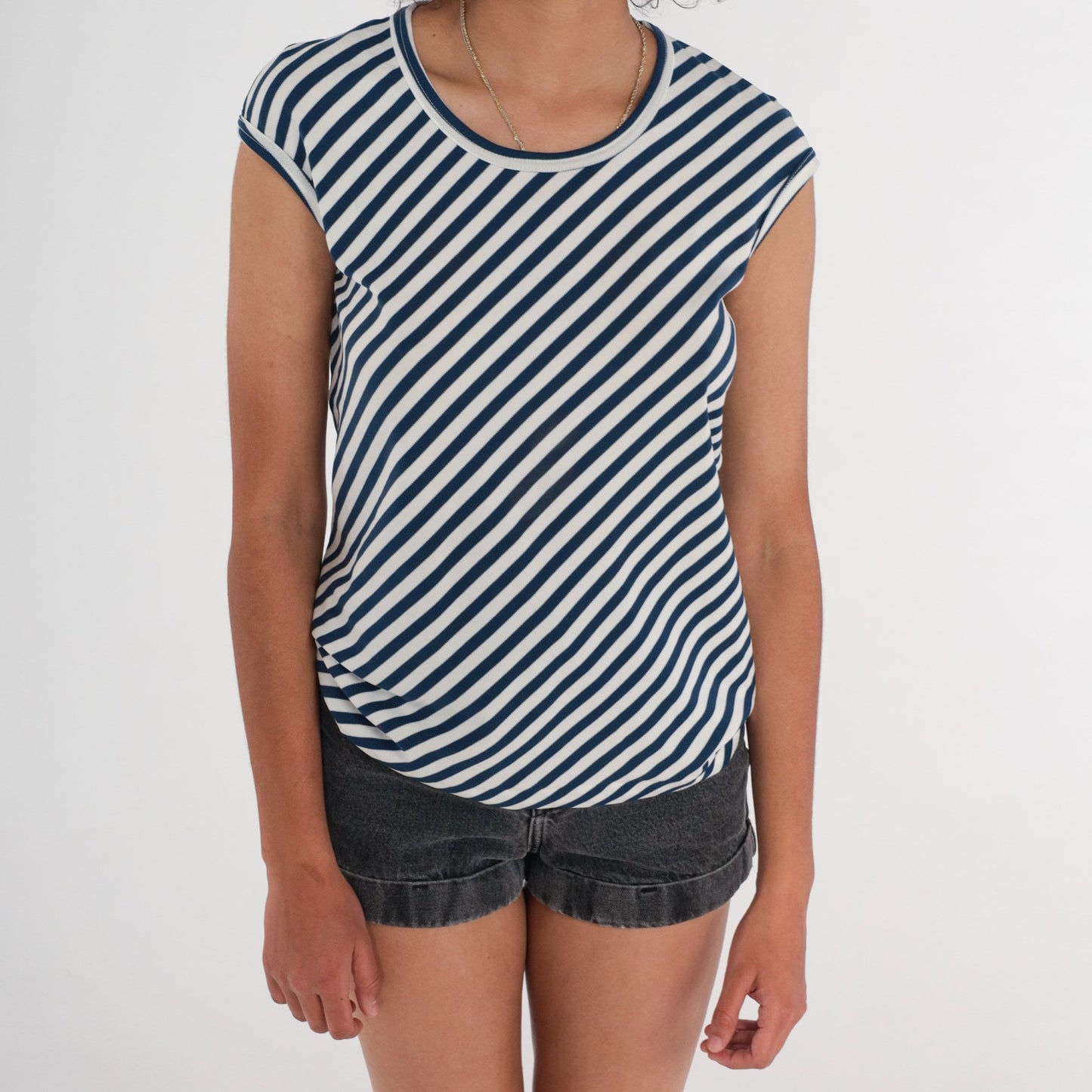 70s Navy White Diagonal Striped Cap Sleeve Blouse Crew Neck Small