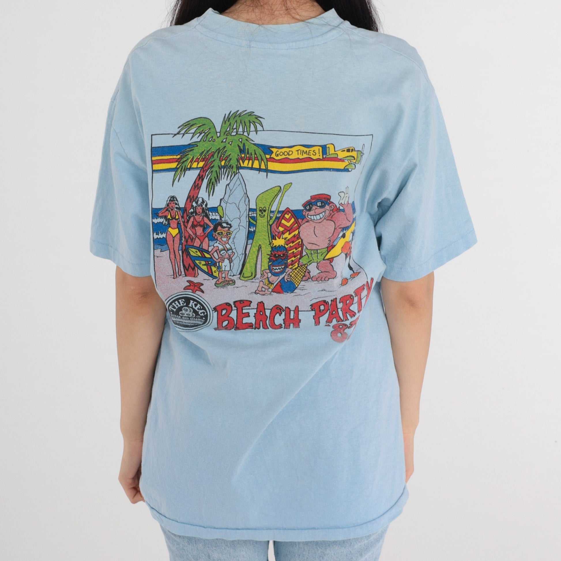 80s The Keg Steak and Seafood T-Shirt Baby Blue Gumby Graphic Tee Medium