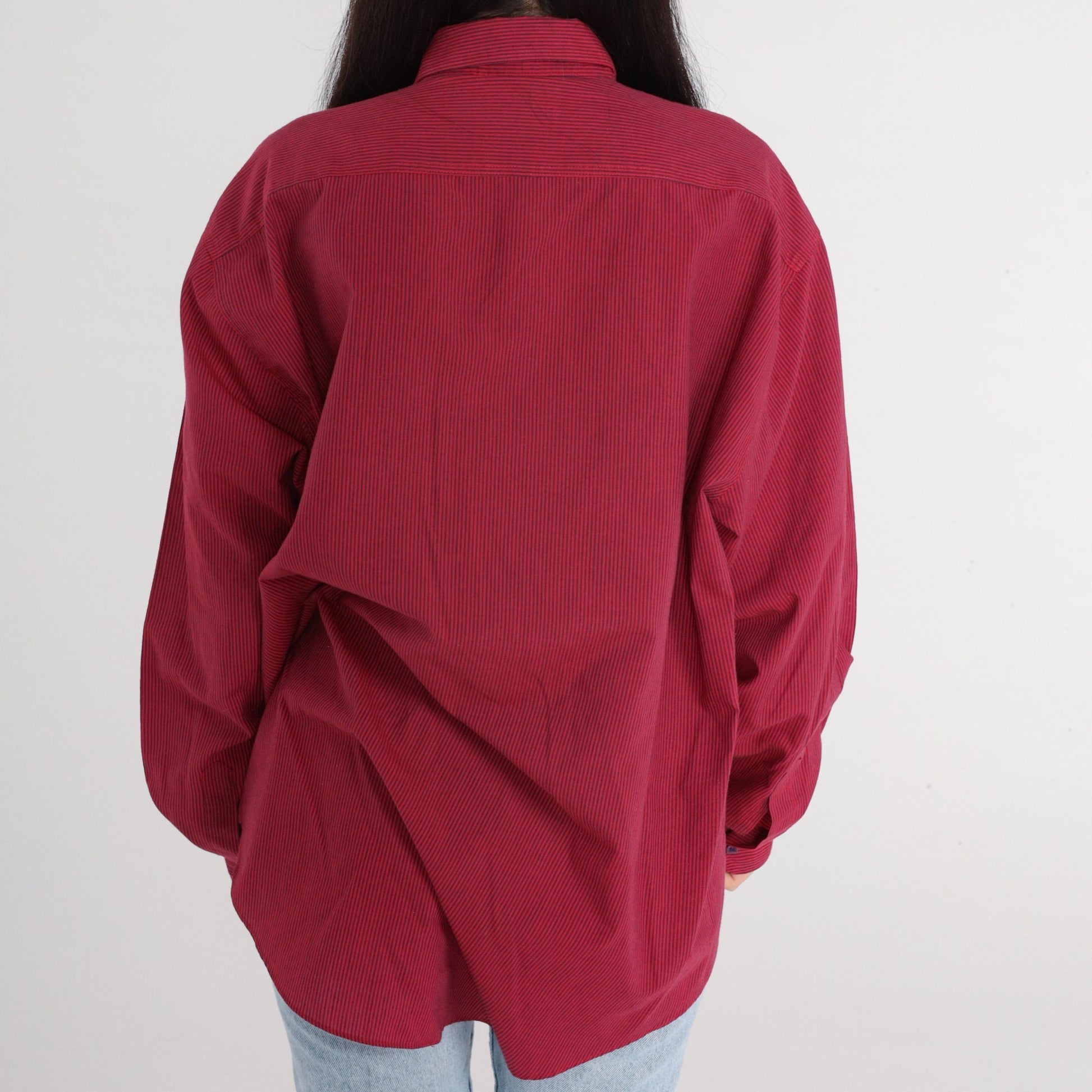80s Levi's Railroad Stripe Button-Up Shirt Red Navy Long Sleeve Large