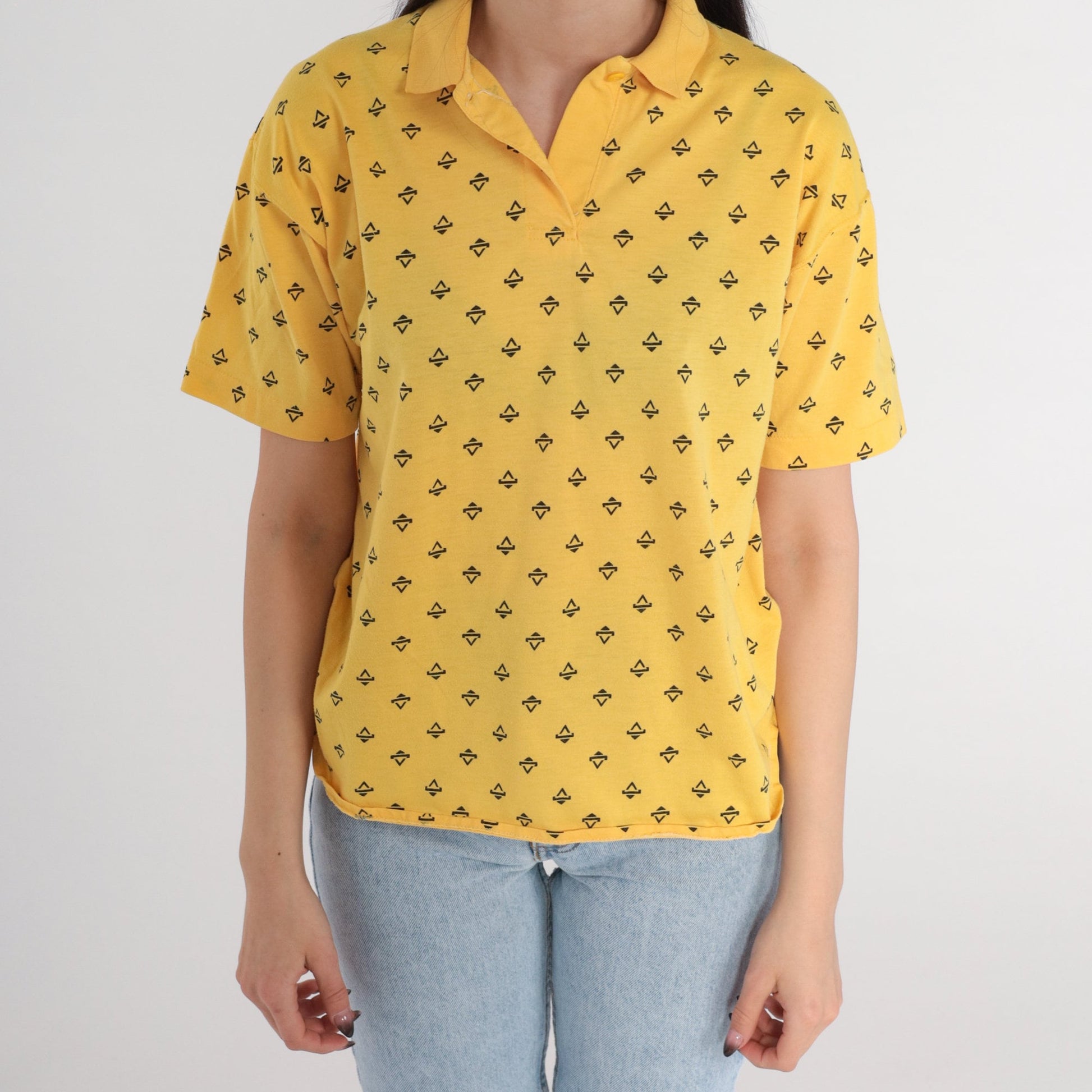 80s Yellow Polo Shirt Triangle Print Half Button Collared Top Medium