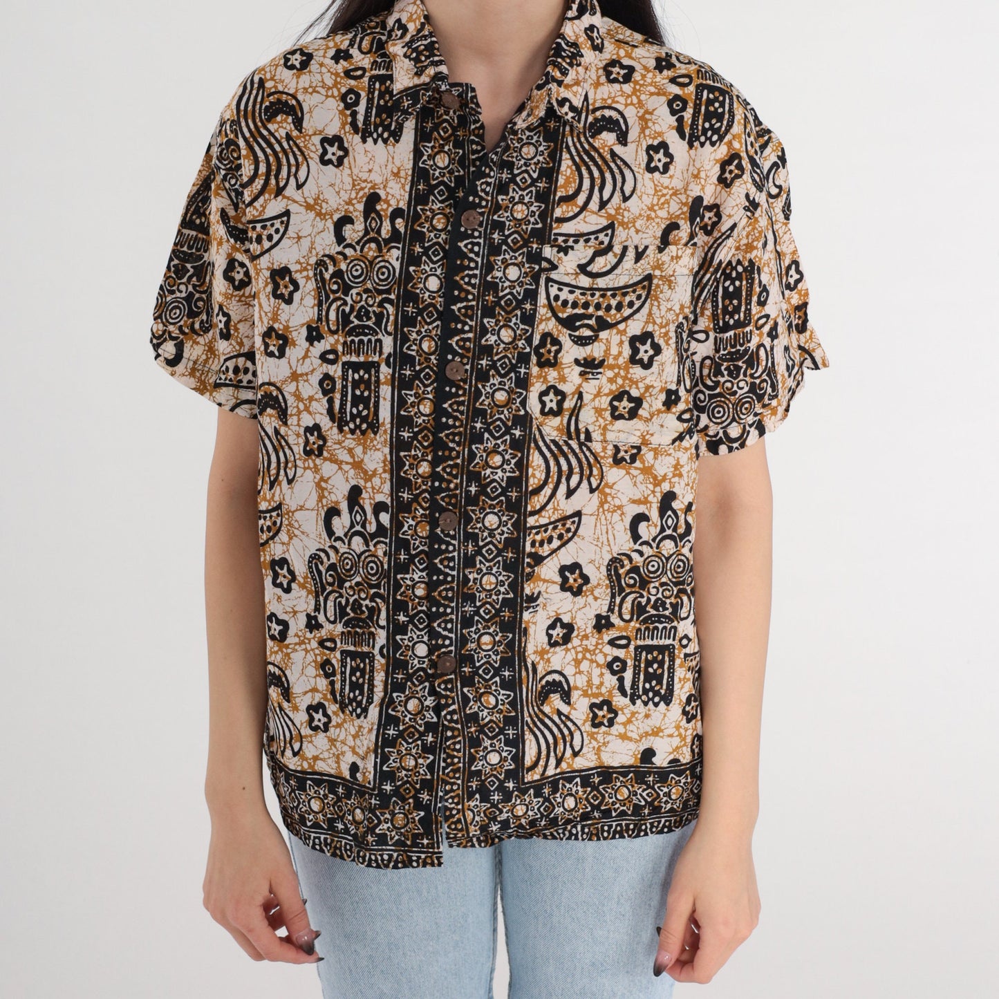 Y2K Indonesian Batik Button Up Blouse Celestial Print Cotton Short Sleeve Medium M