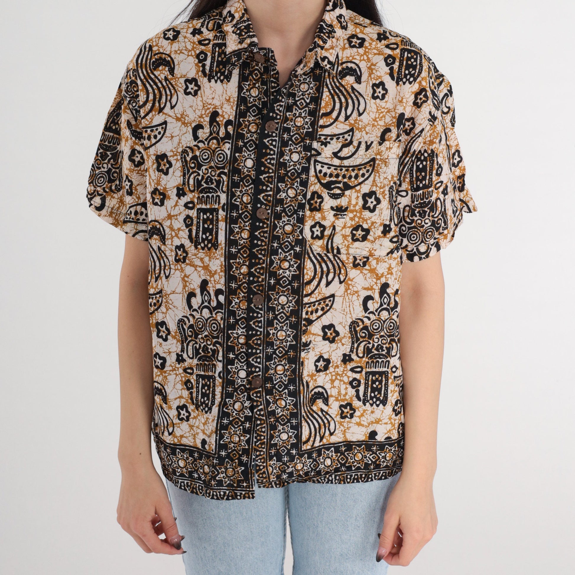Y2K Indonesian Batik Button Up Blouse Celestial Print Cotton Short Sleeve Medium M