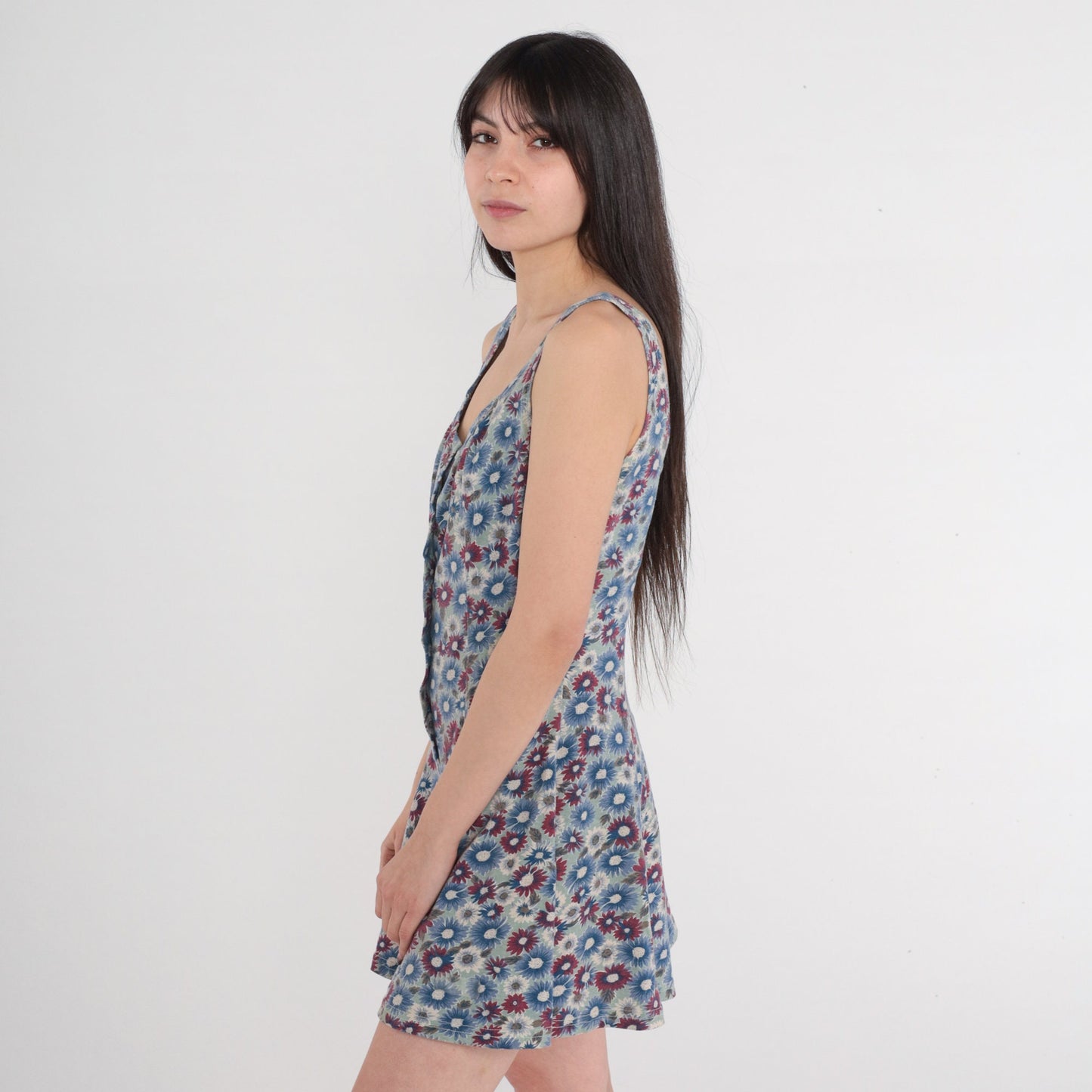 90s Floral Button-Up Romper Sleeveless Wide Leg Blue Red Daisy Small
