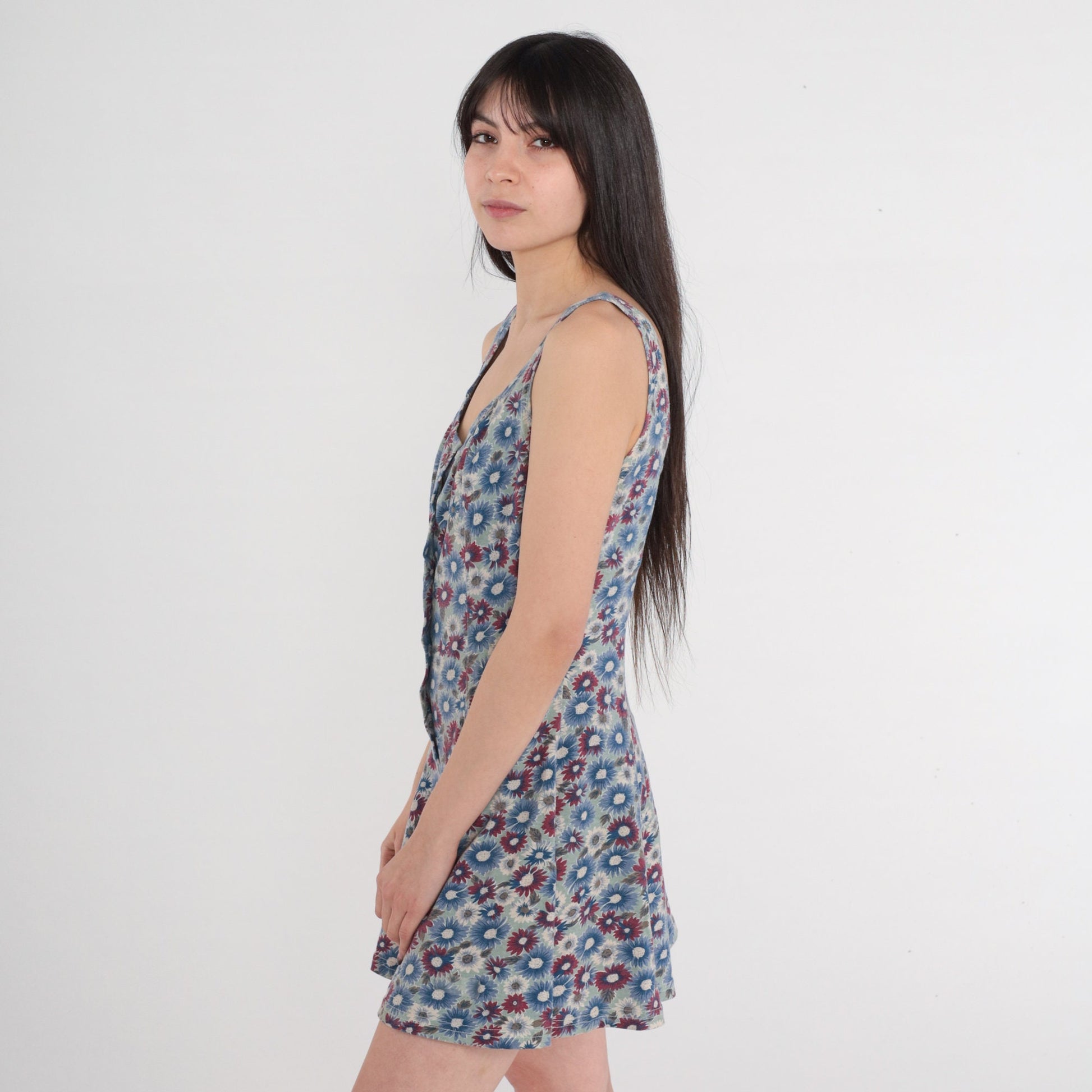 90s Floral Button-Up Romper Sleeveless Wide Leg Blue Red Daisy Small