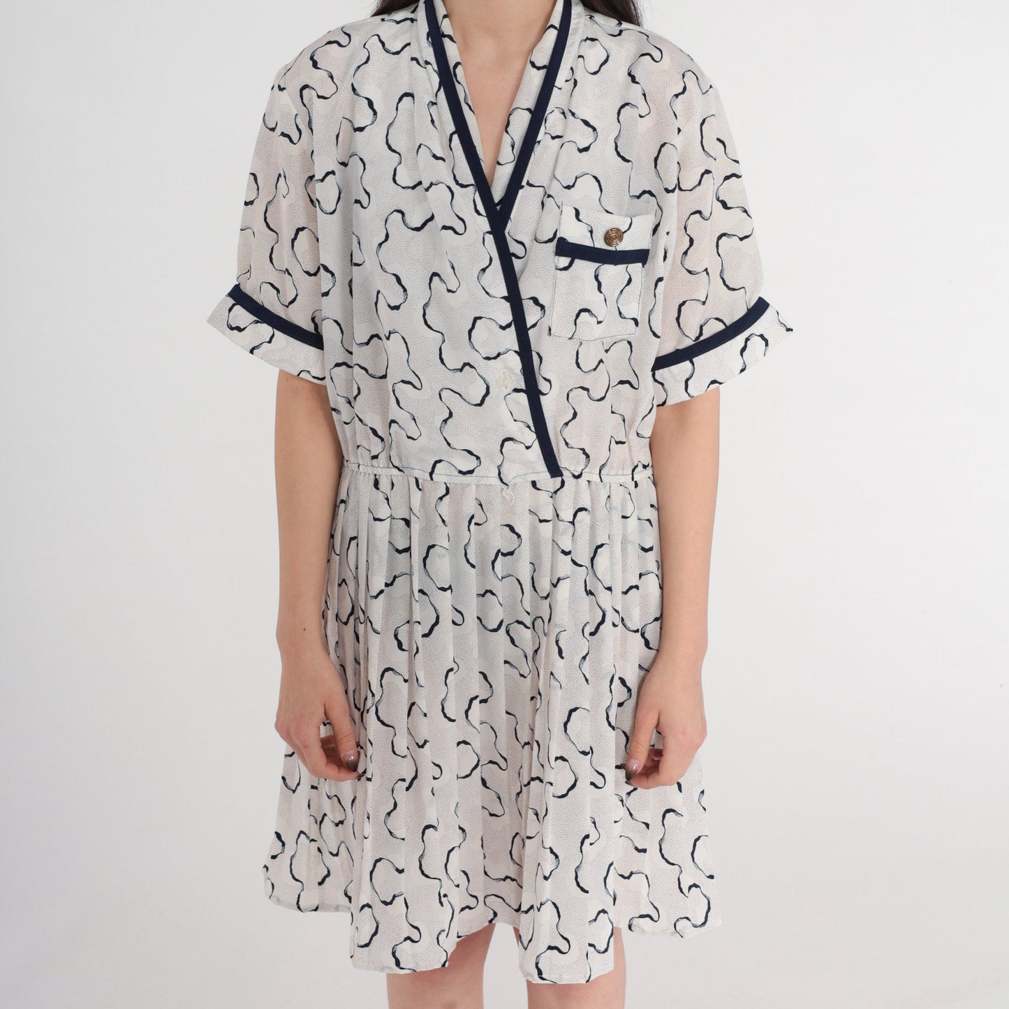 80s Squiggle Print Mini Dress White Navy Faux Wrap Pleated V-Neck Large