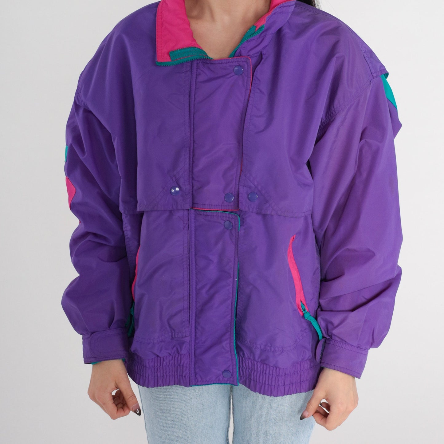 90s Cabin Creek Purple Puffer Ski Jacket Nylon Pink Green Trim Large L
