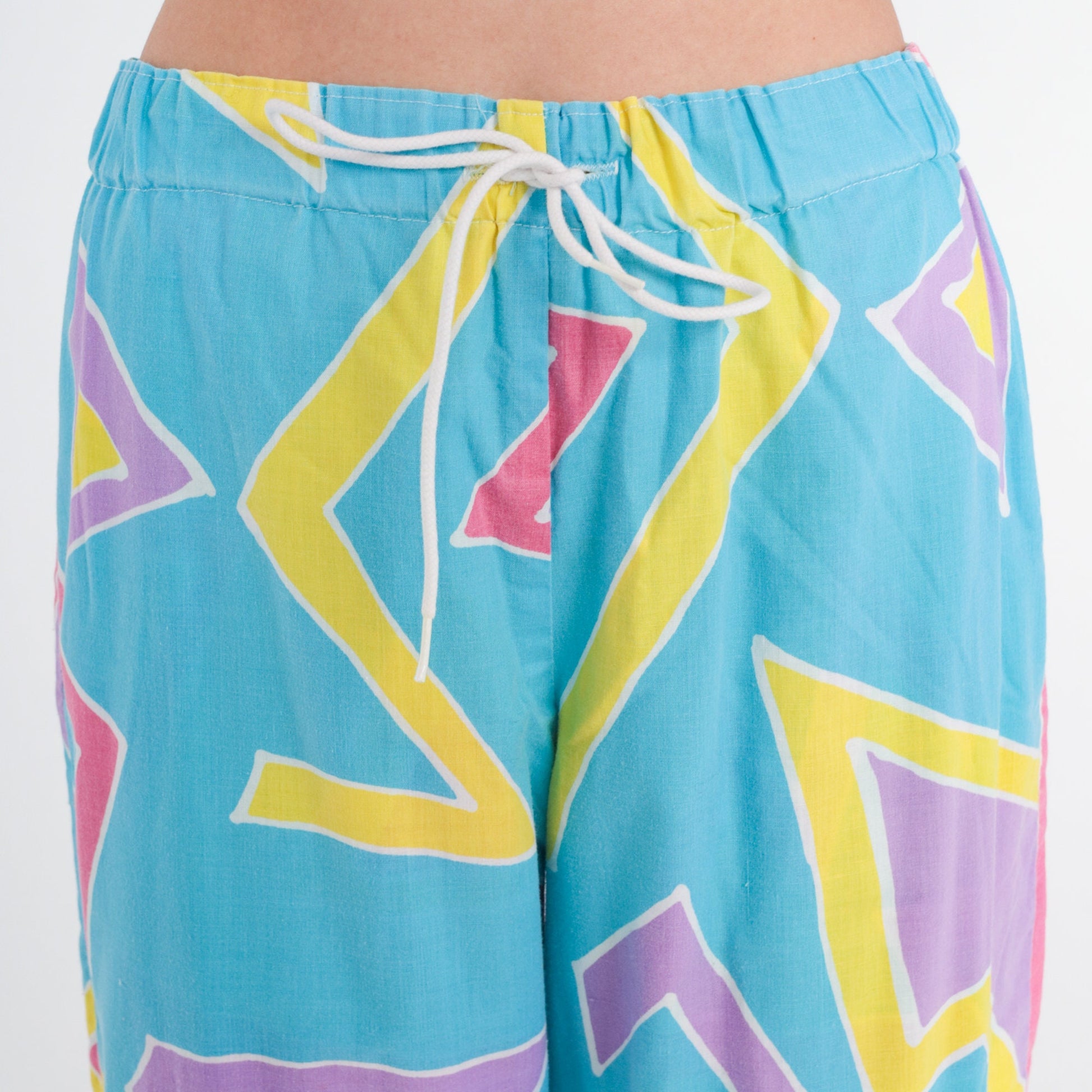 80s Blue Capri Pants Abstract Geometric Print High Waist Drawstring Small Medium
