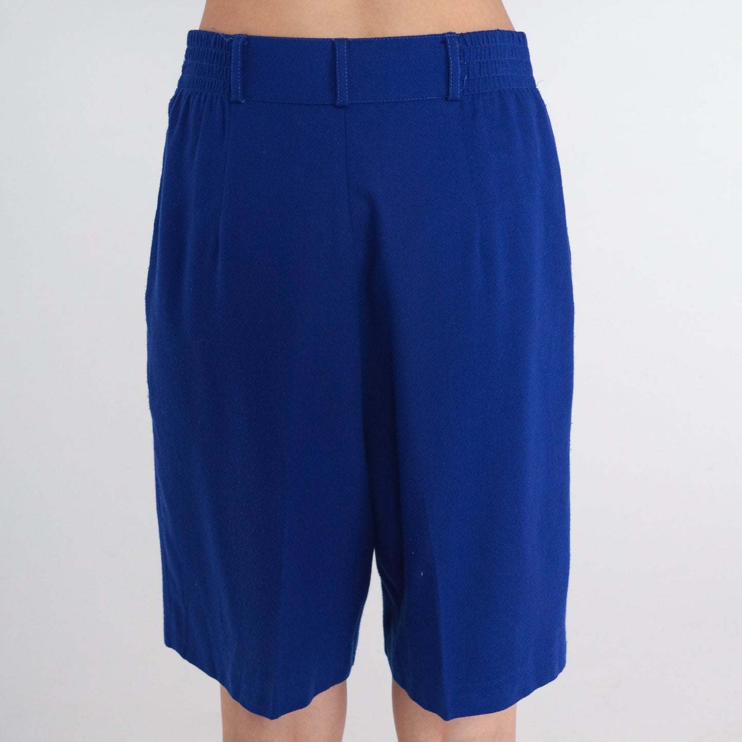 80s Blue Pleated High-Waisted Shorts Knee Length Medium