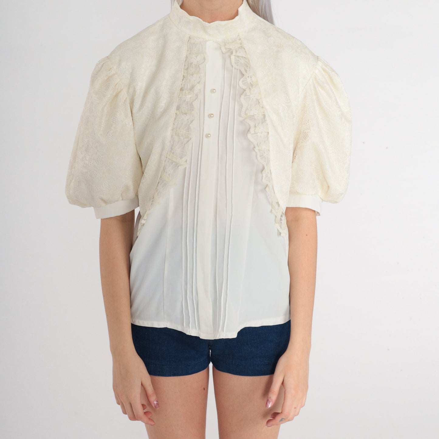 70s White Lace Blouse Puff Sleeve High Neck Pearl Button Shirt Small