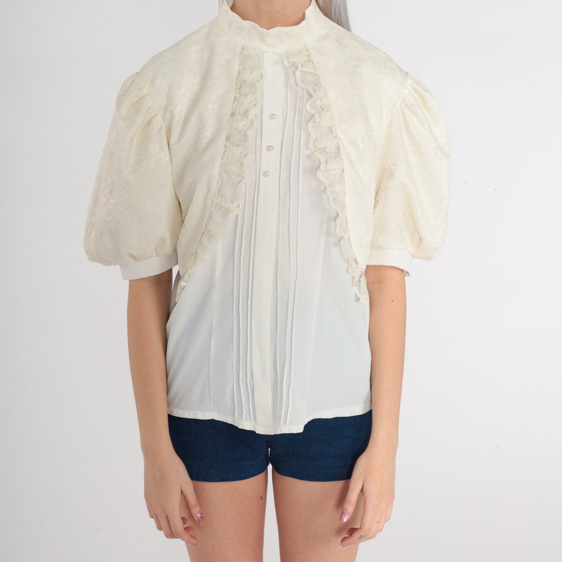 70s White Lace Blouse Puff Sleeve High Neck Pearl Button Shirt Small