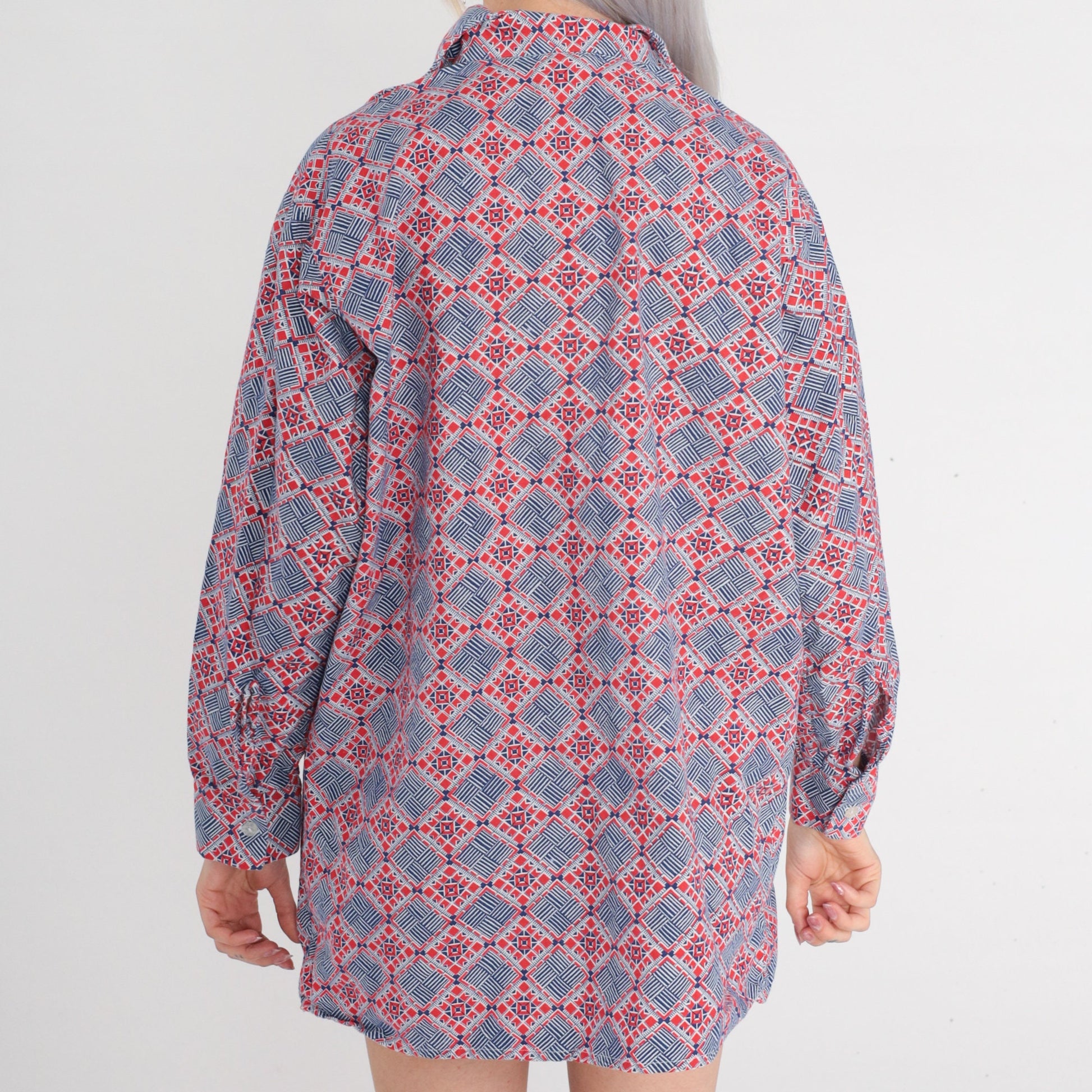 70s Lotus Button Up Shirt Red Blue Geometric Tile Print Long Sleeve Extra Large