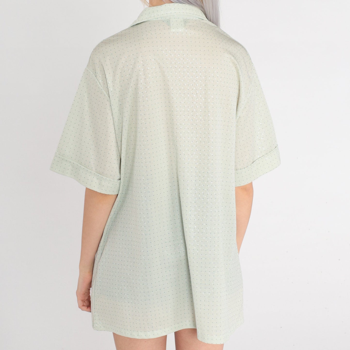 70s Pastel Green Polka Dot Button-Up Shirt Short Sleeve Collared Mens XL