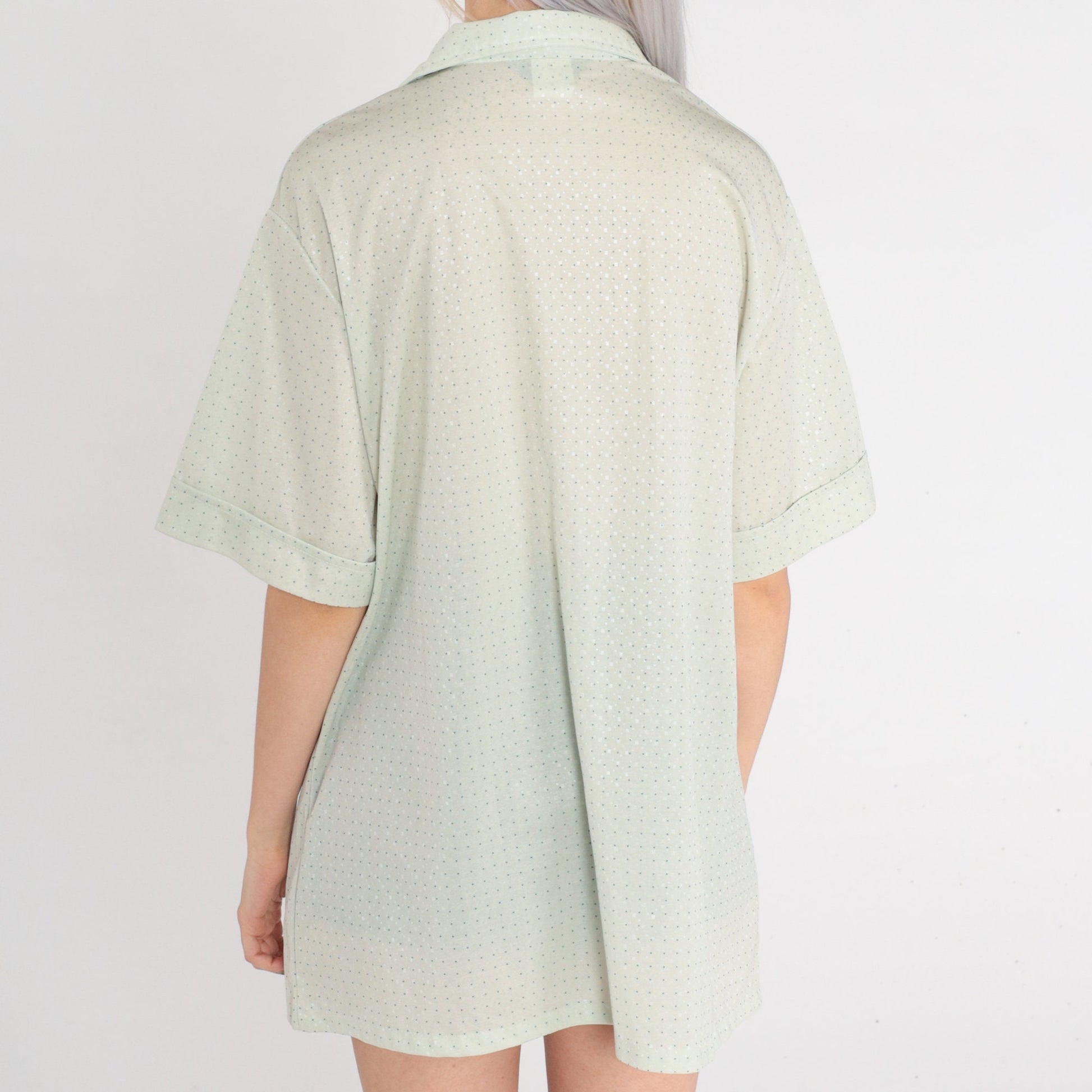 70s Pastel Green Polka Dot Button-Up Shirt Short Sleeve Collared Mens XL