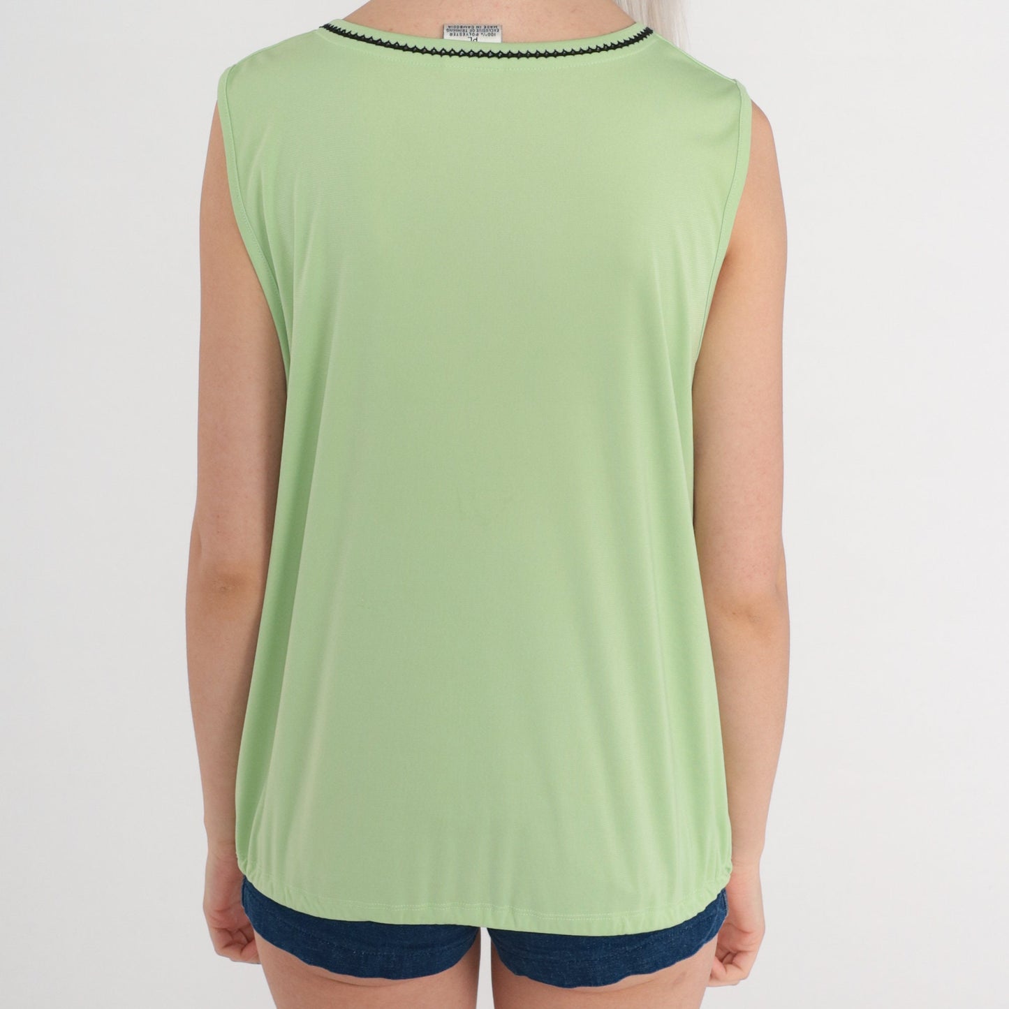 90s Green Tank Top Black Trim Sleeveless Shirt Large L