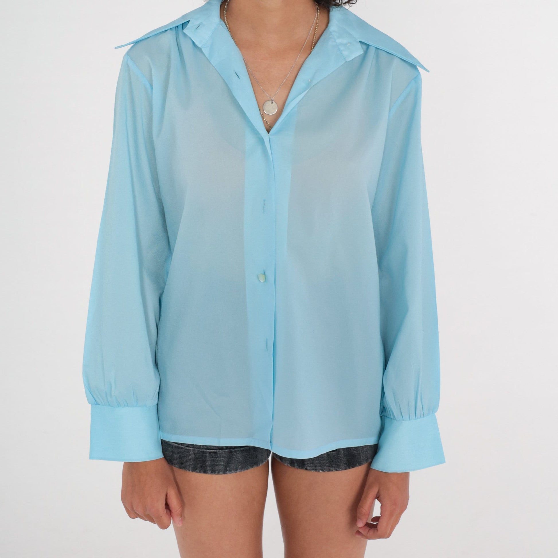 70s Blue Dagger Collar Button-Up Blouse Long Sleeve Semi-Sheer Medium