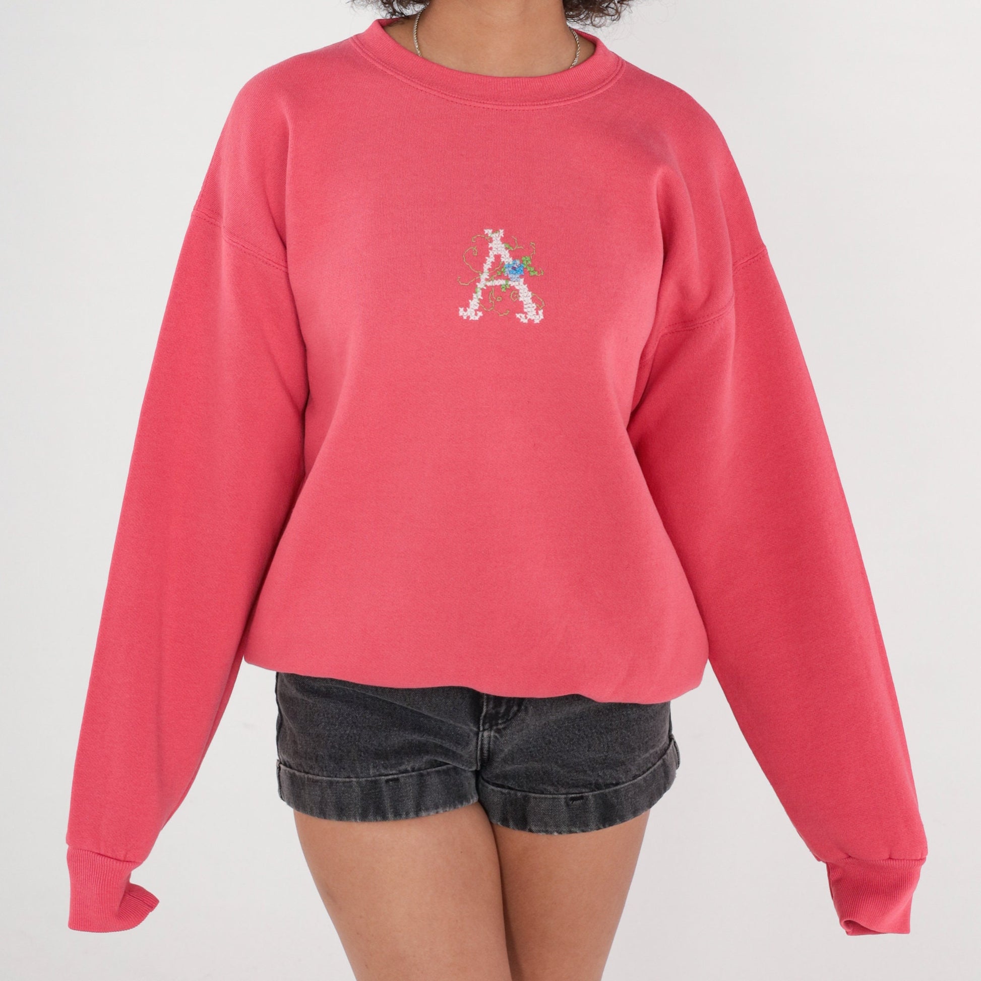 90s Pink Monogrammed A Sweatshirt Embroidered Crewneck Pullover Large L