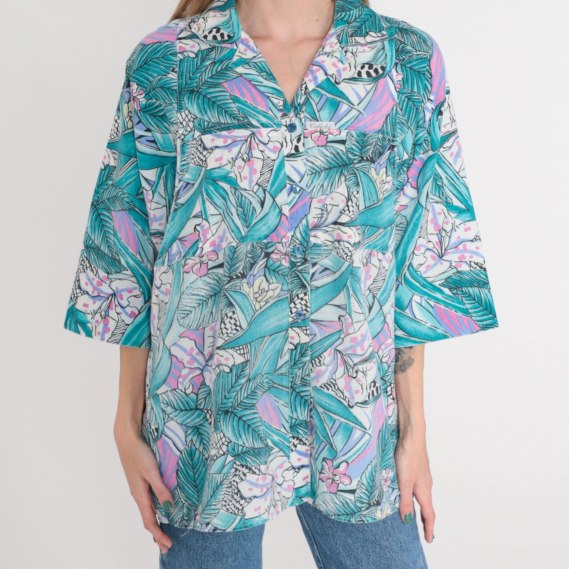 90s Tropical Leopard Floral Button-Up Blouse Pink Purple Blue White Large L