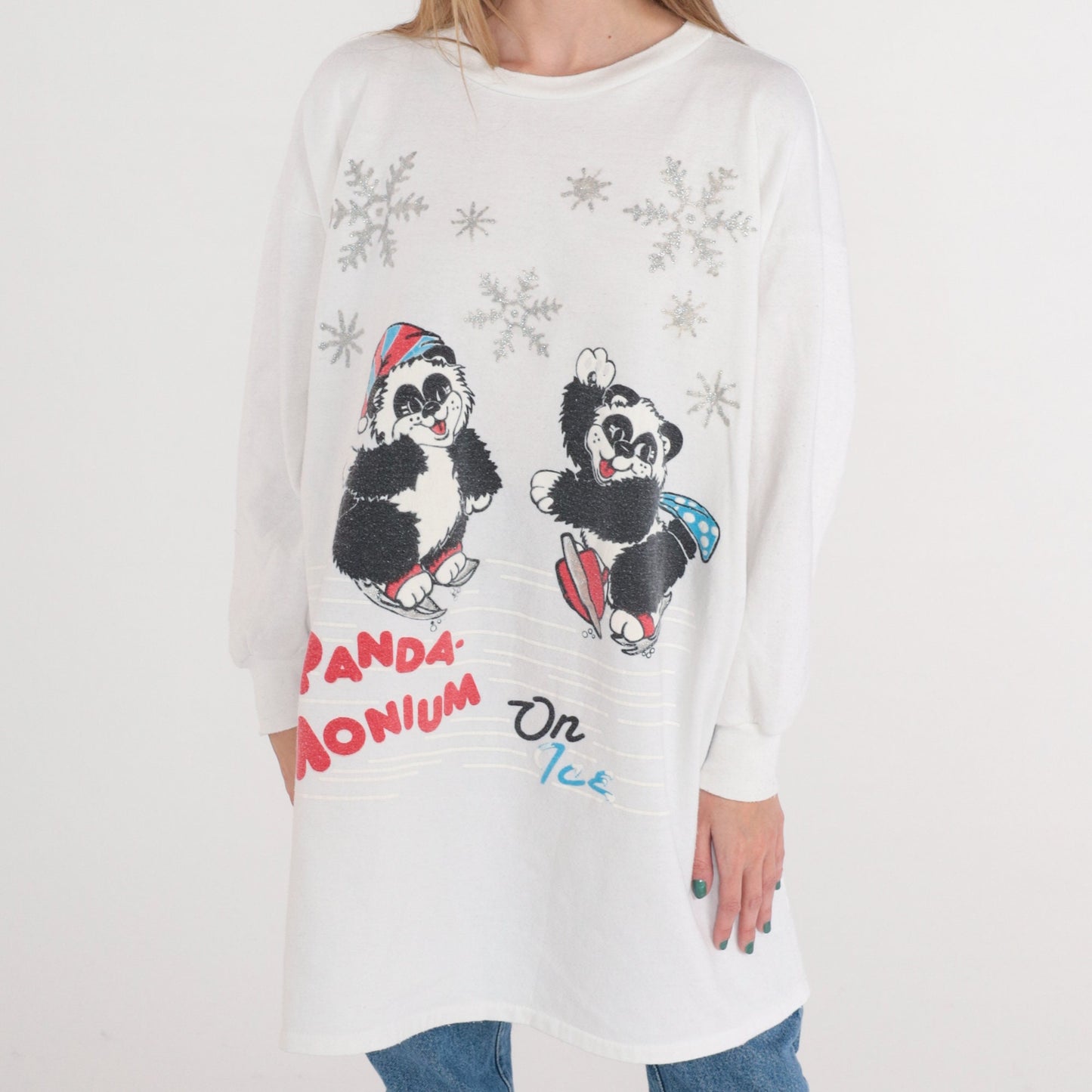 90s Panda-Monium on Ice Glitter Graphic T-Shirt Dress Long Sleeve Plus Size XXL