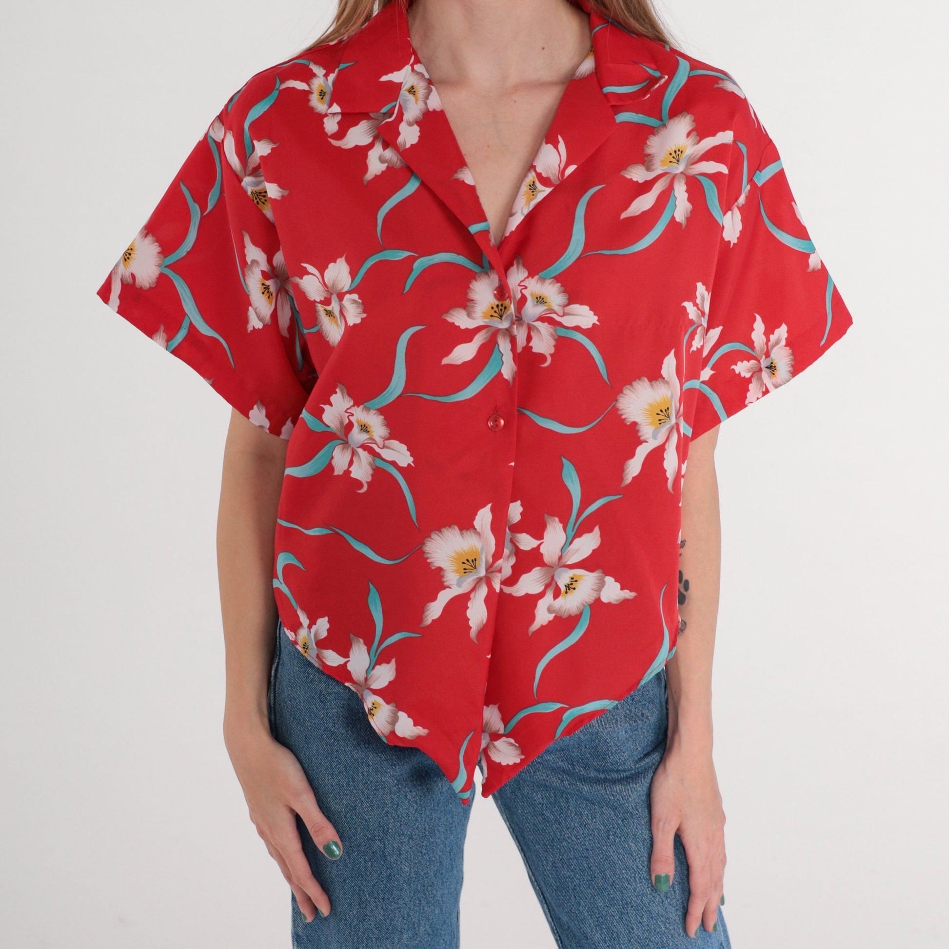 90s Red Tropical Floral Button-Up Shirt Tie Front Short Sleeve Medium M