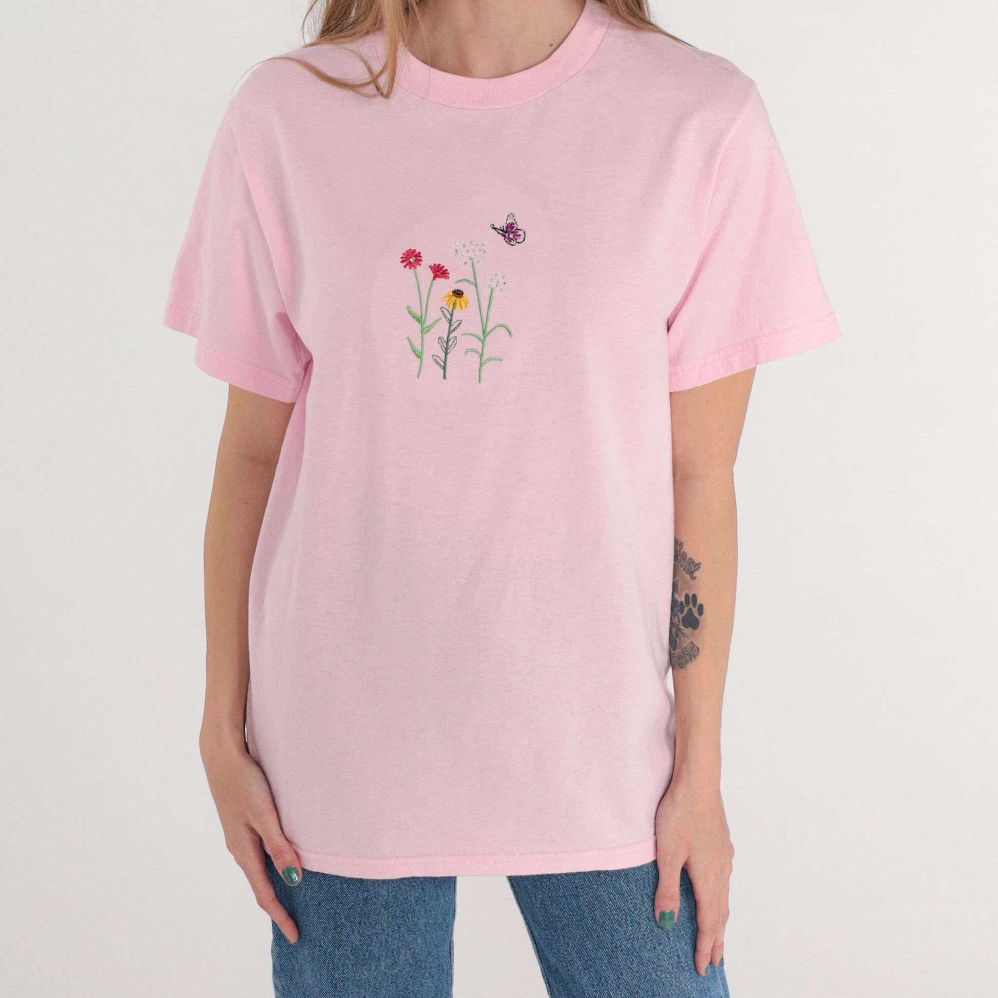 90s Pink Floral Butterfly T-Shirt Embroidered Rhinestone Cotton Small