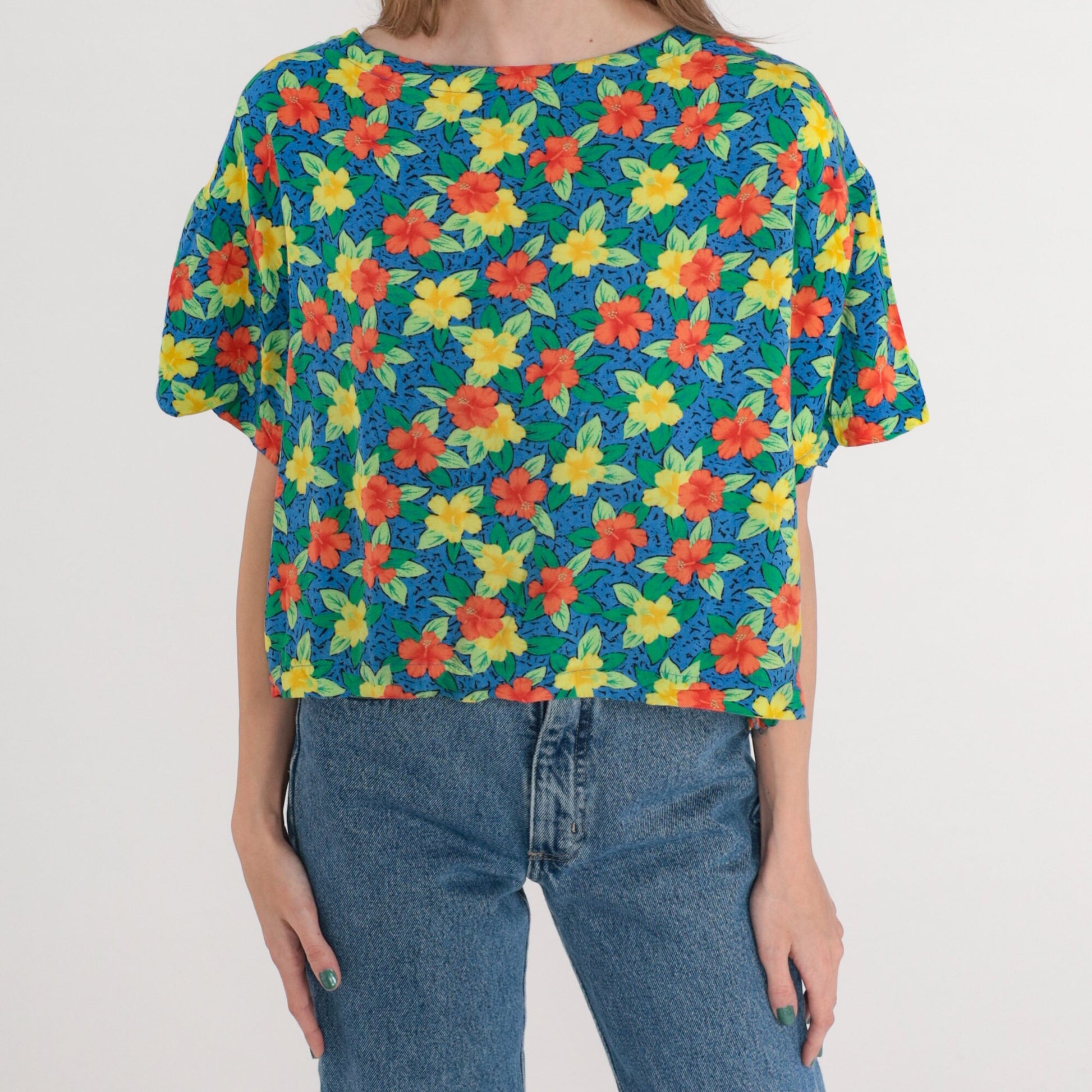 90s Tropical Hibiscus Floral Rayon Shirt Blue Short Sleeve Small