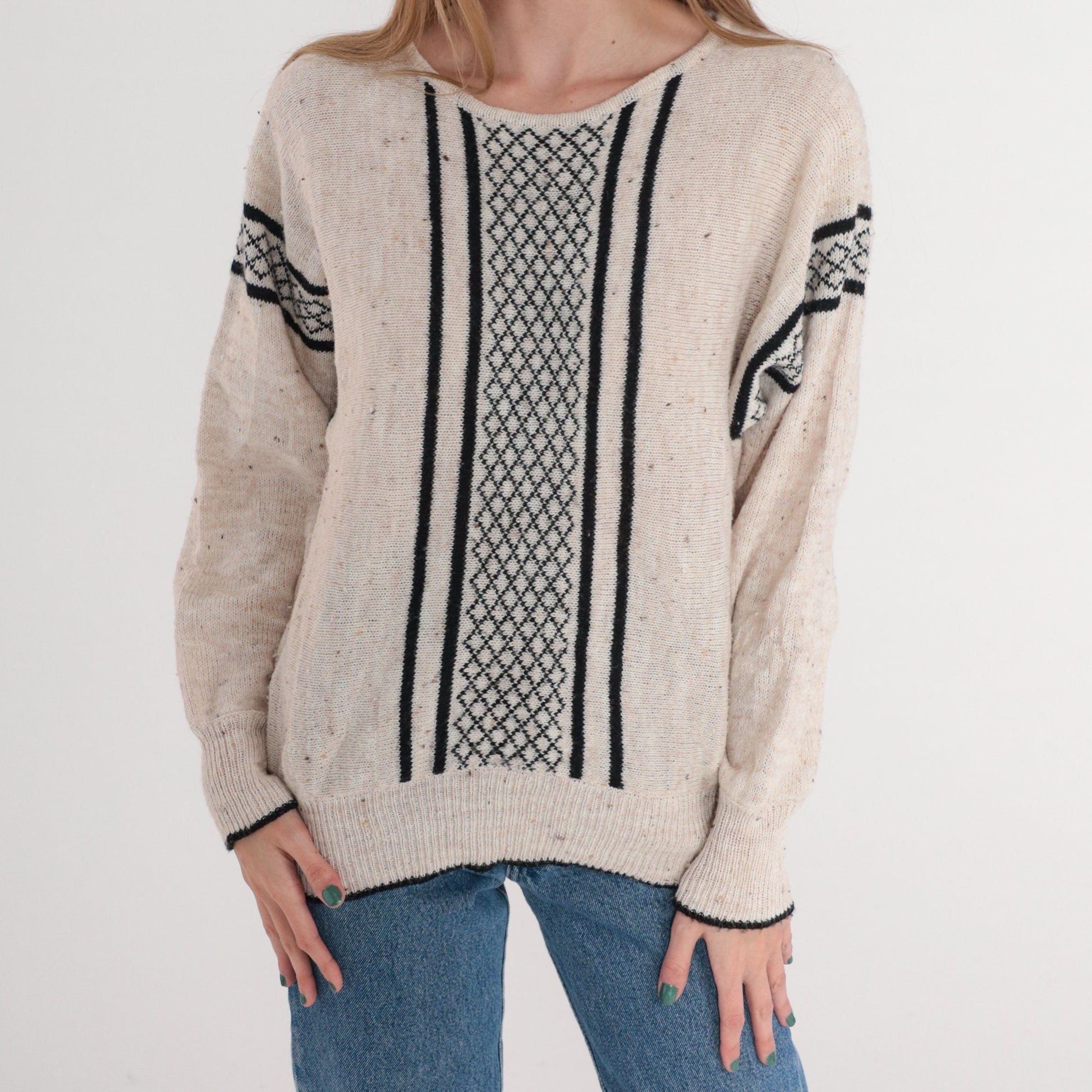 80s Gitano Striped Checkered Knit Sweater Oatmeal Black Small