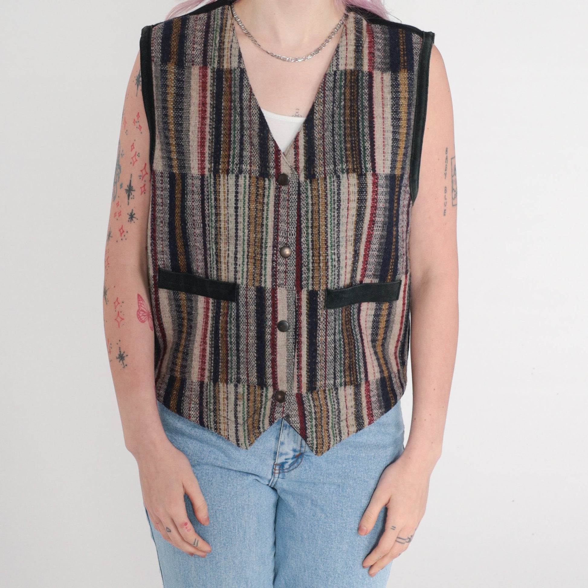 90s Striped Wool Blend Vest Snap Button Sleeveless Knit Small S