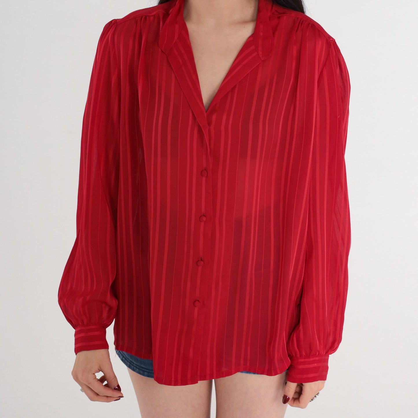 70s Red Striped Blouse Puff Sleeve Button-Up Semi-Sheer Long Sleeve Large L