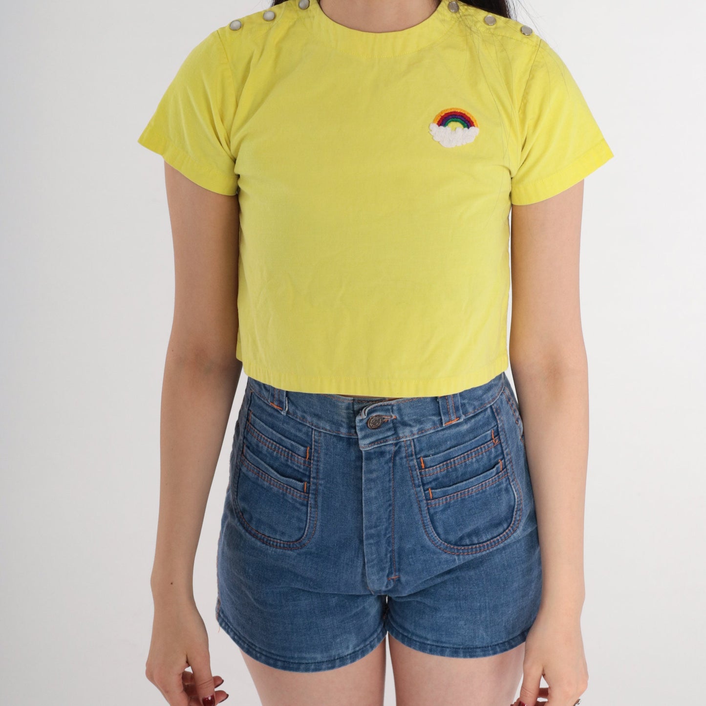 70s Yellow Crop Top Rainbow Patch Pearl Snap Shoulders XXS