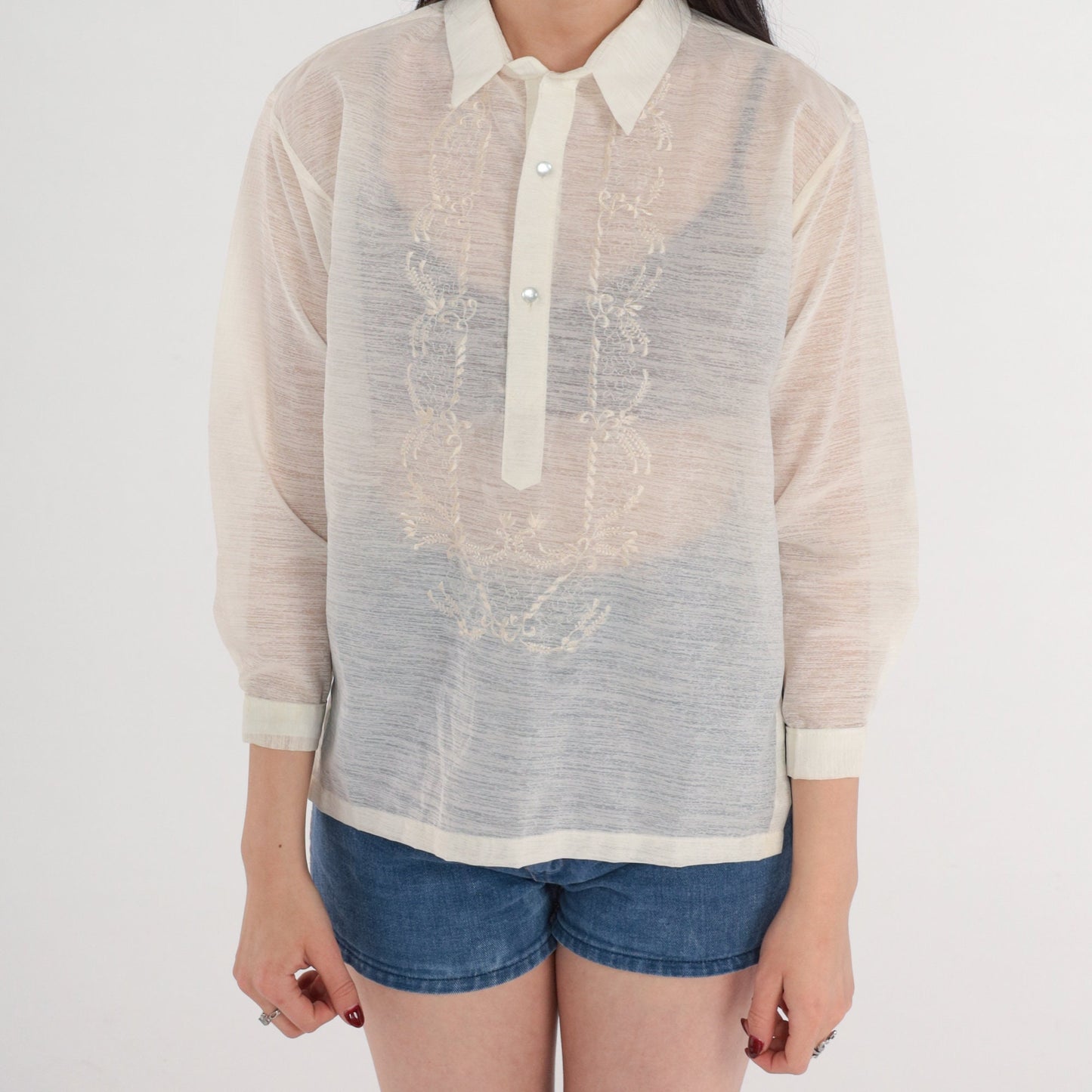 70s Floral Embroidered Cream Blouse Collared Half-Button 3/4 Sleeve Small