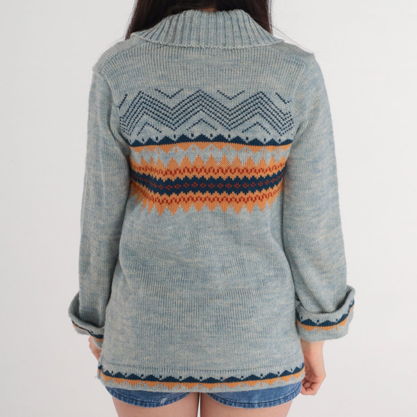 70s Fair Isle Cardigan Blue Geometric Nordic Knit Shawl Collar Medium M