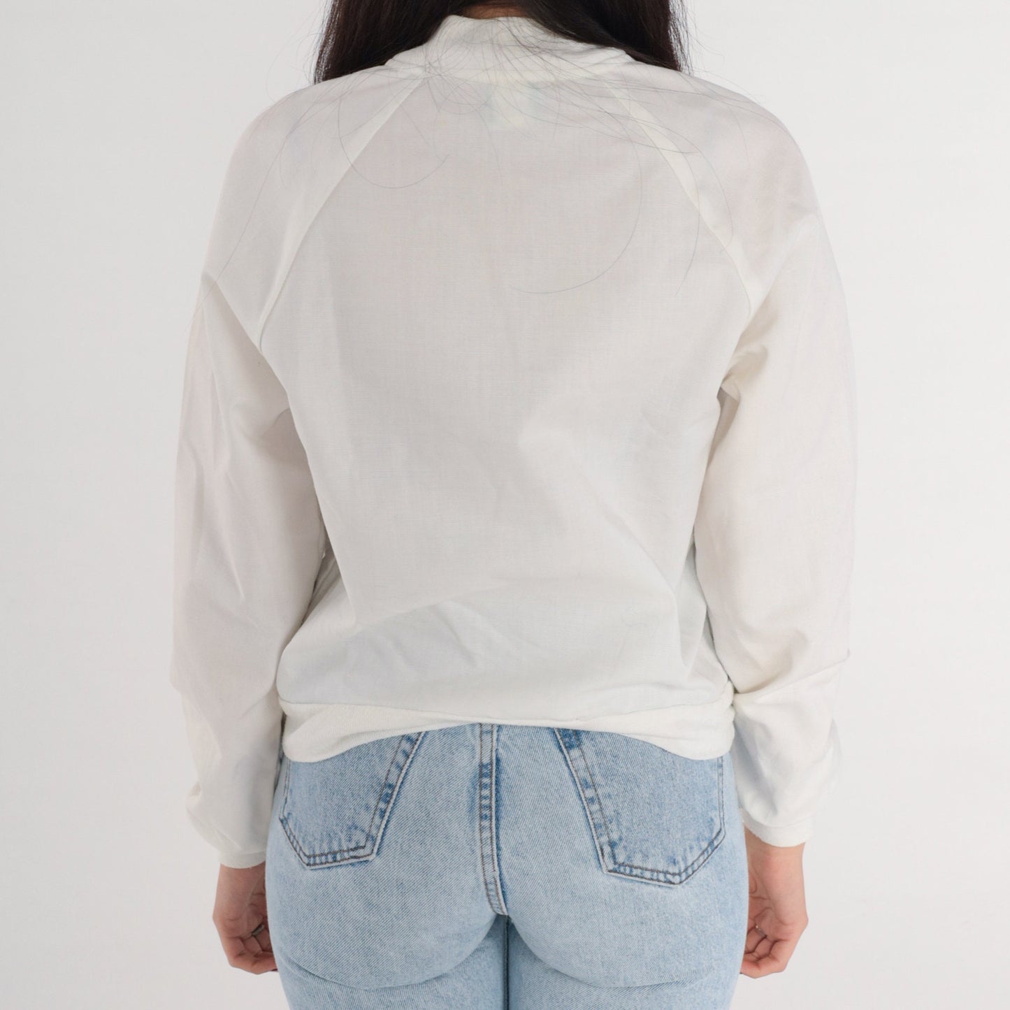 70s White Bomber Jacket Raglan Sleeve Zip Front Small