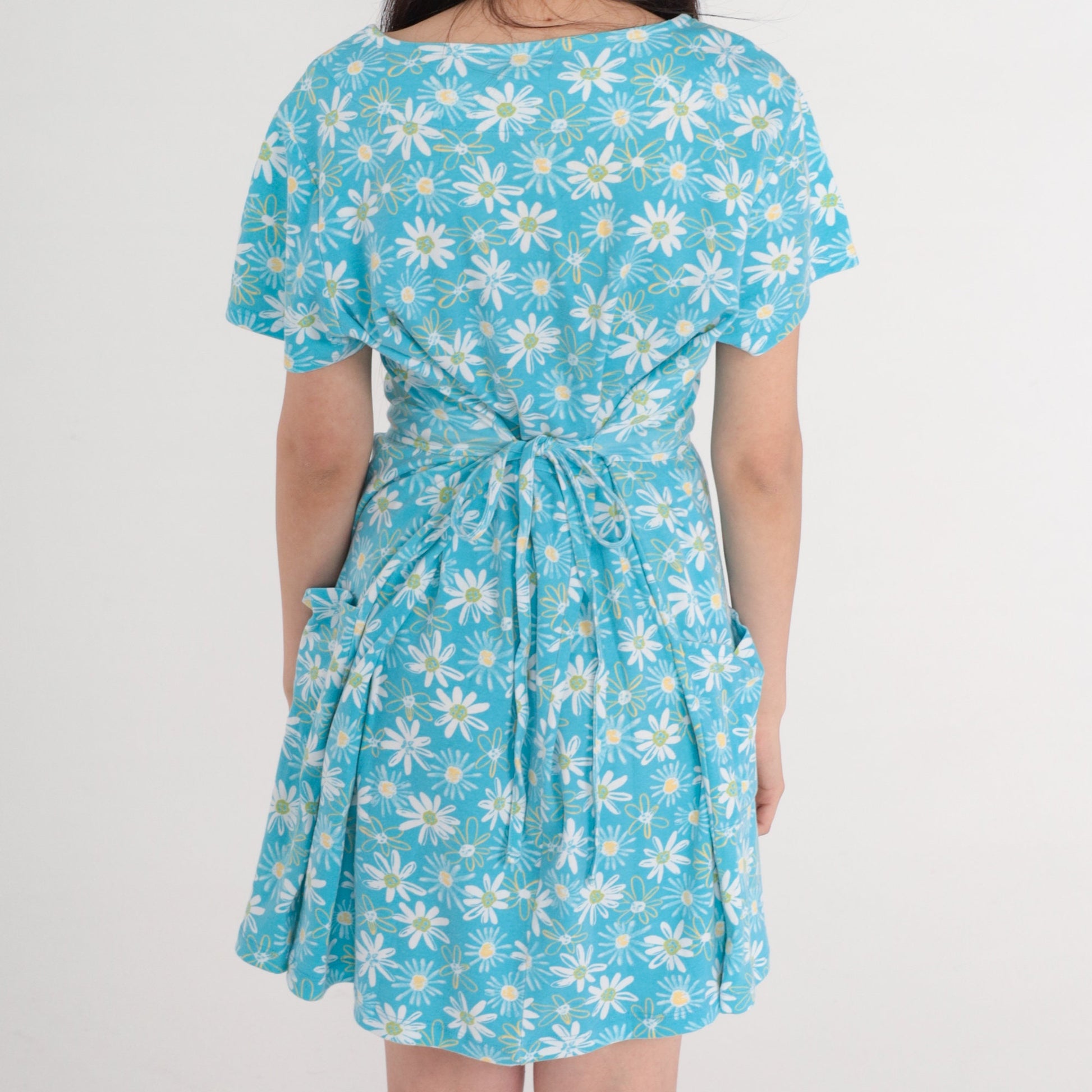 90s Bobbie Brooks Daisy Floral Mini Dress Blue High Waisted Pockets Large