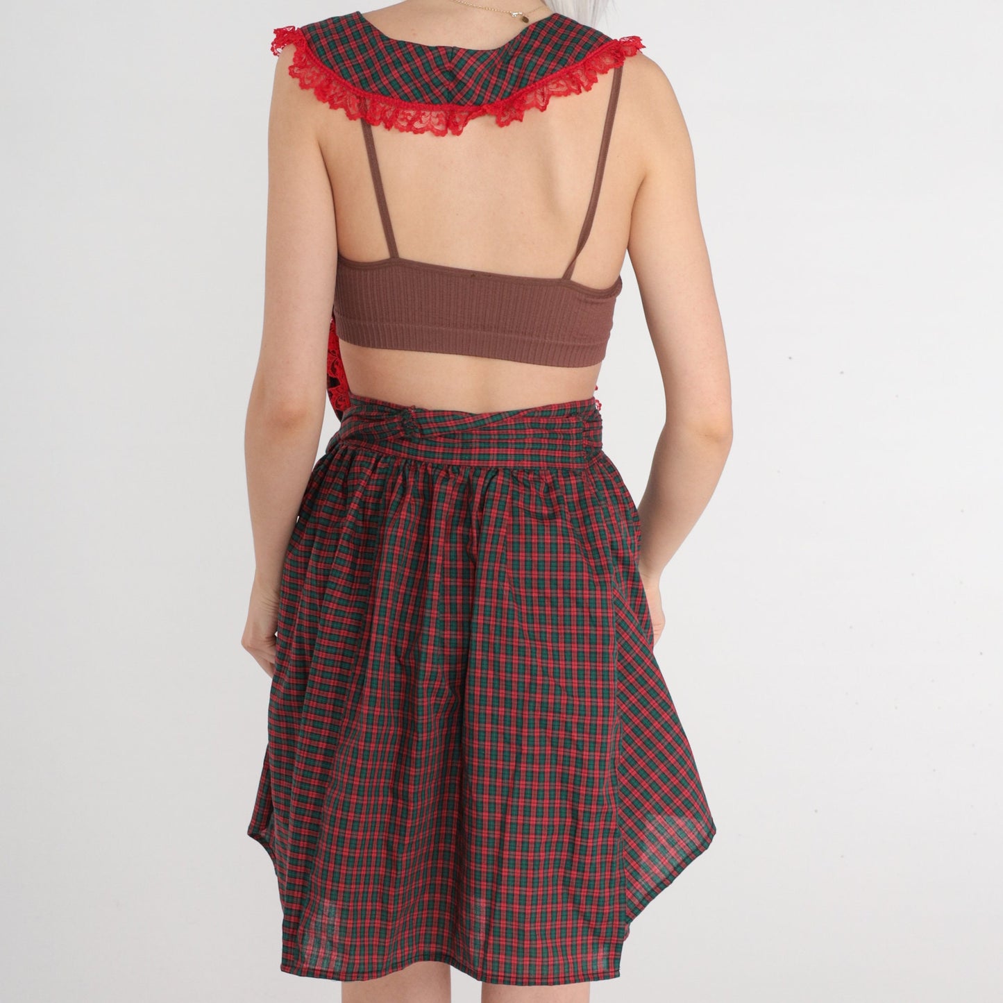70s Red Green Plaid Apron Dress Lace Trim Open Back Small Medium