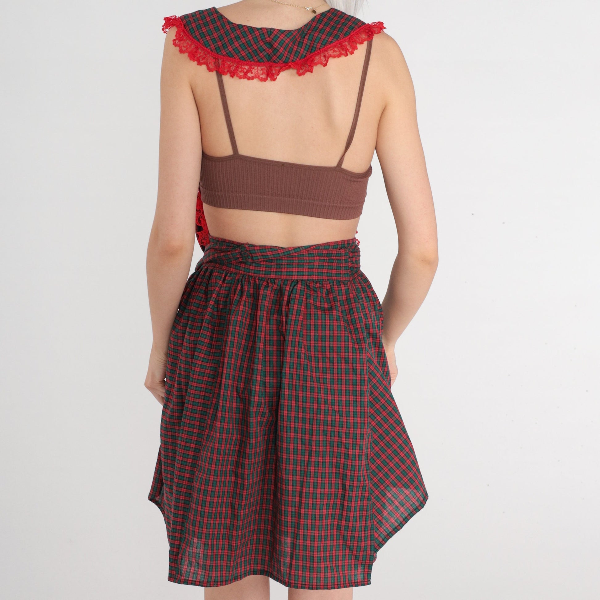 70s Red Green Plaid Apron Dress Lace Trim Open Back Small Medium