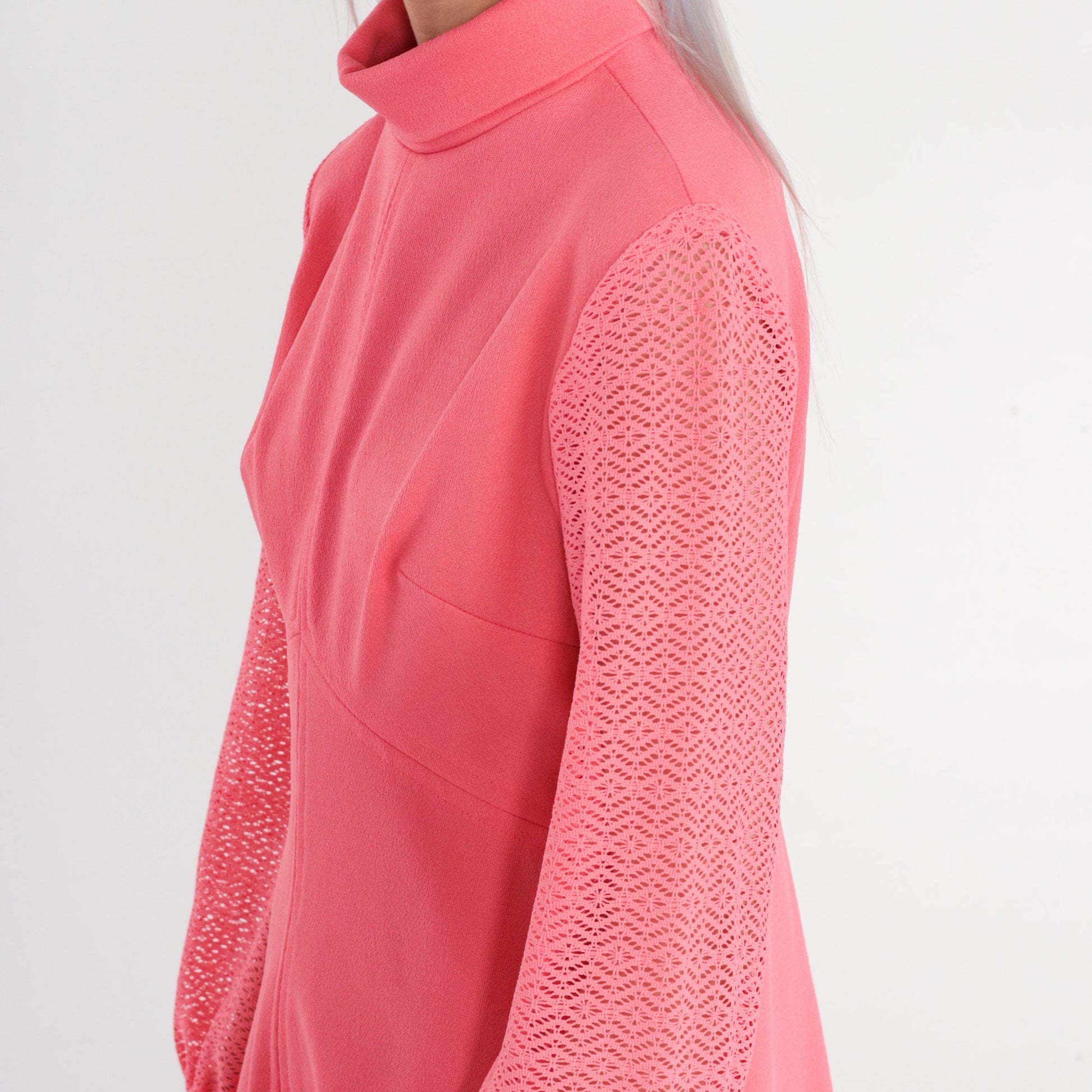 70s Pink Mini Dress Empire Waist Lace Sleeve High Mock Neck Medium M