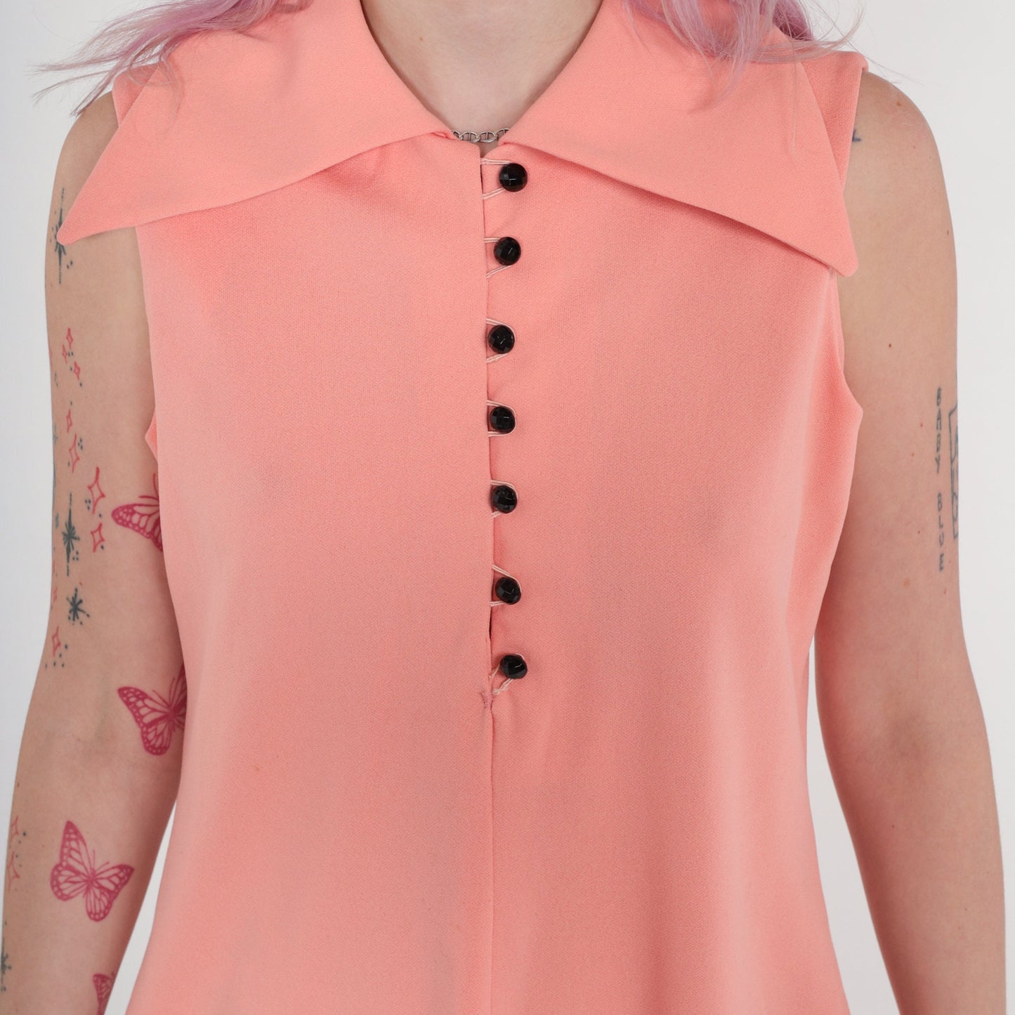 70s Peach Mod Mini Shift Dress Button-Up Sleeveless Collared Medium
