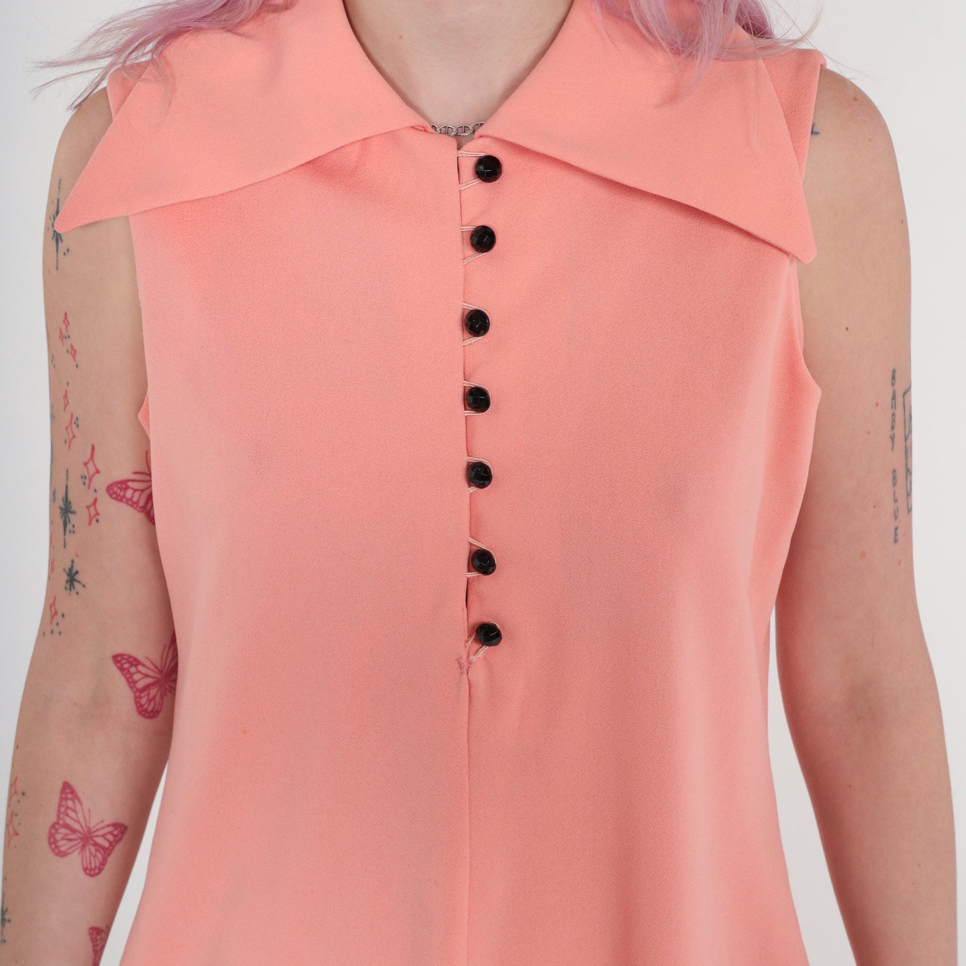 70s Peach Mod Mini Shift Dress Button-Up Sleeveless Collared Medium