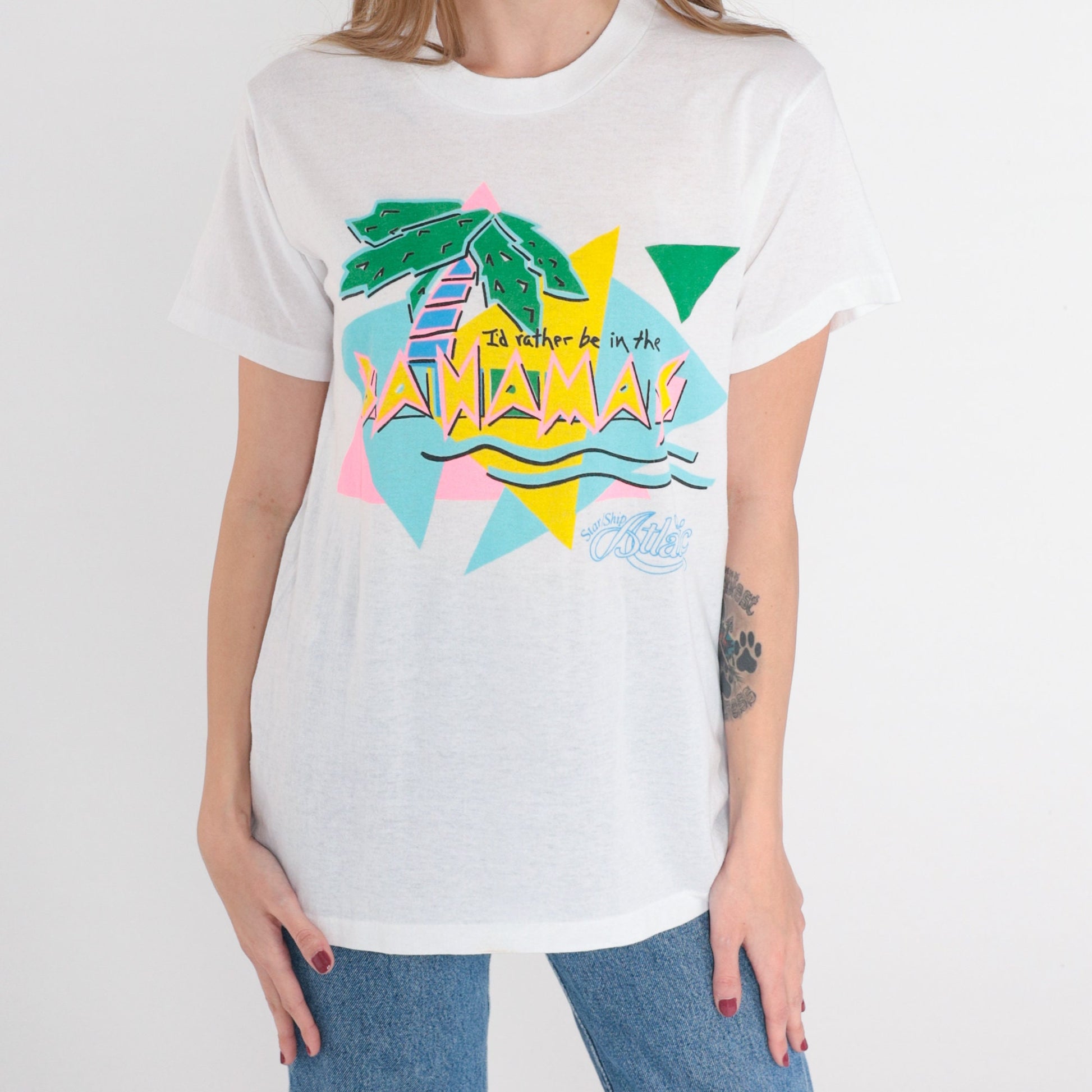 80s Bahamas Graphic T-Shirt I'd Rather Be Palm Tree Cruise Ship Medium