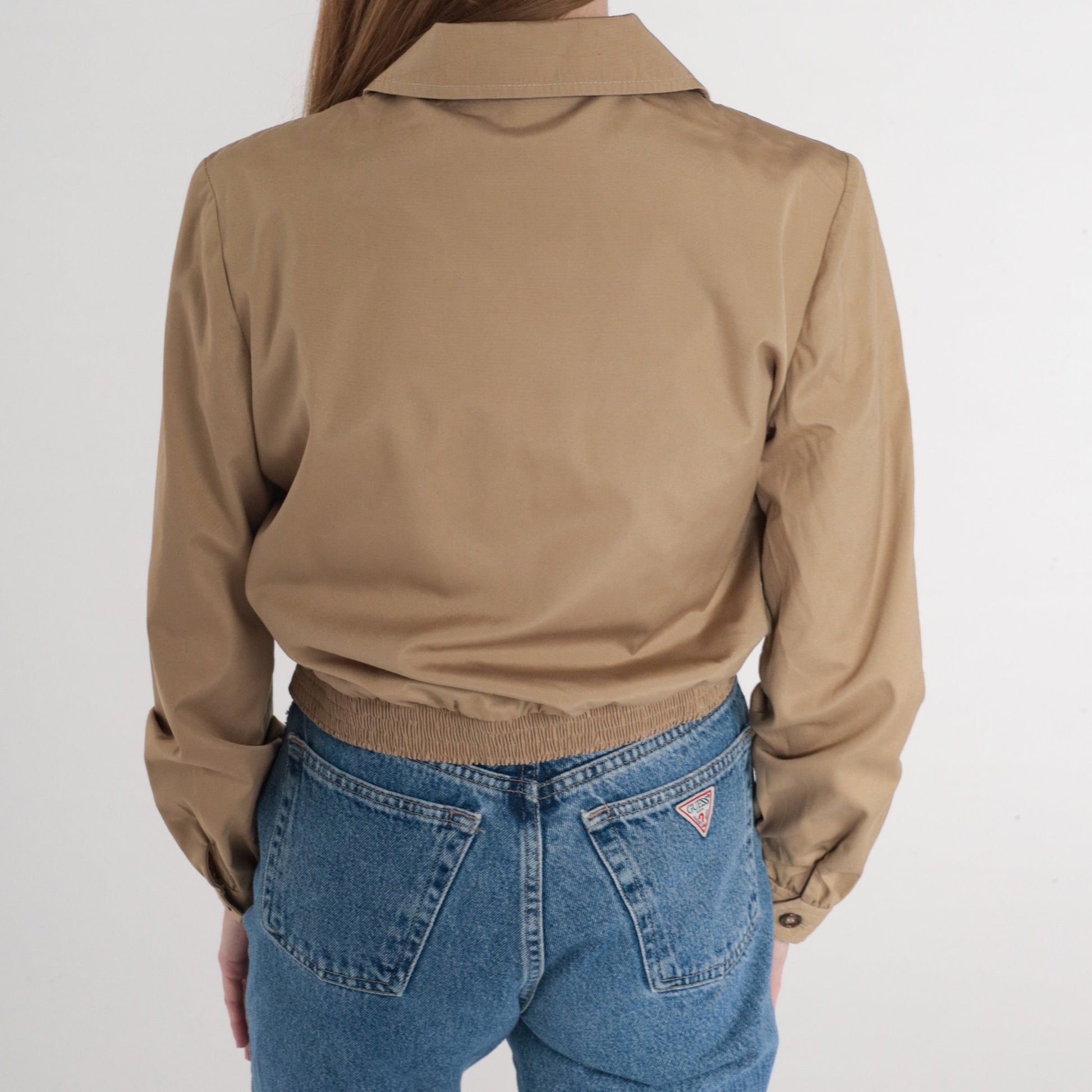 70s Tan Cropped Jacket Cargo Pockets Collared Bomber Extra Small