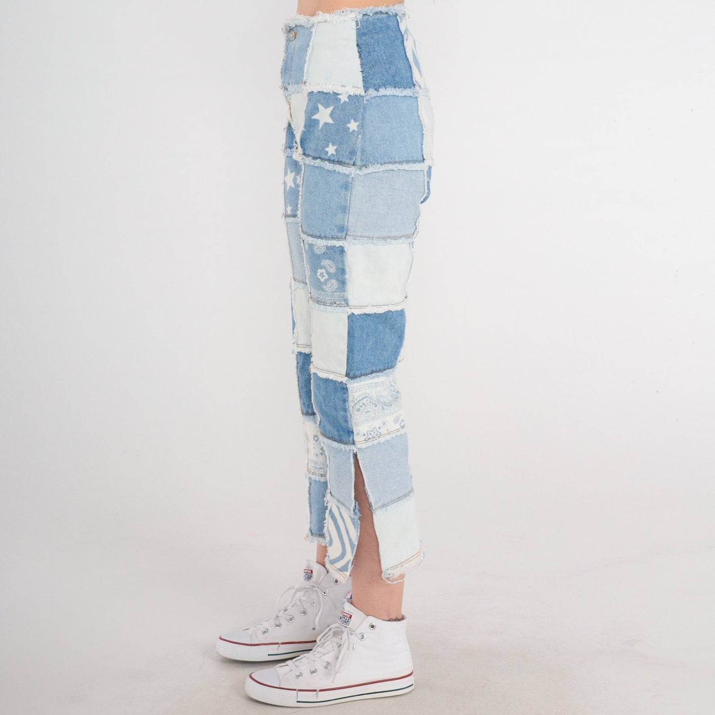 Y2K Patchwork Cropped Jeans Blue Floral Star Print Side Slits 2XS