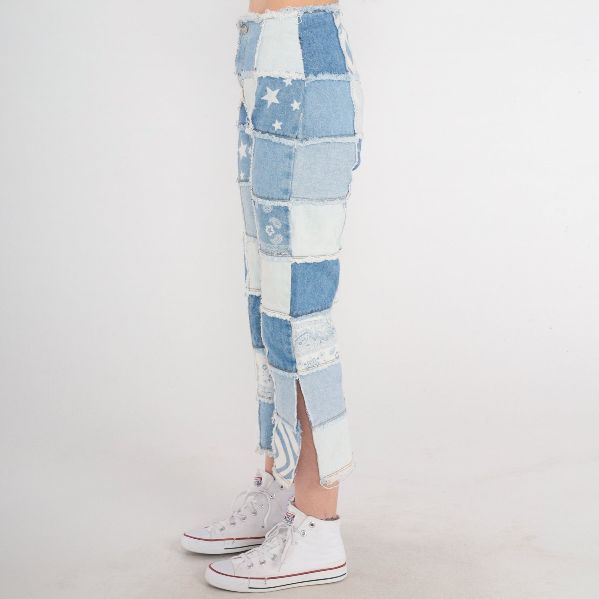 Y2K Patchwork Cropped Jeans Blue Floral Star Print Side Slits 2XS