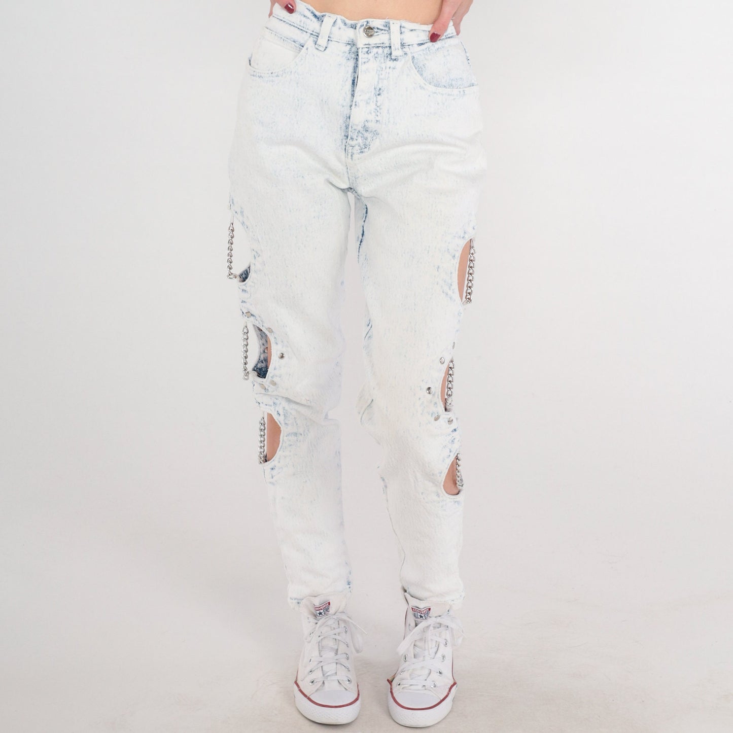 90s Cutout Chain Skinny Jeans Pale Blue Stone Wash High Waisted Extra Small