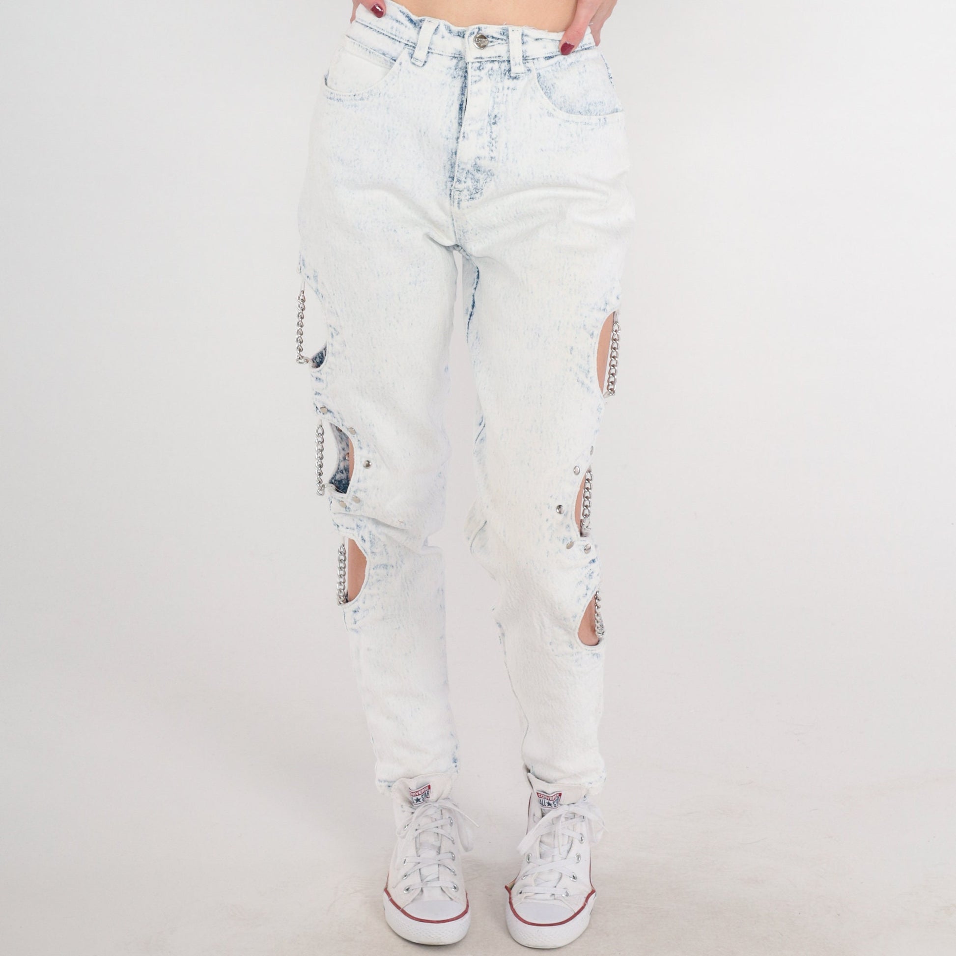 90s Cutout Chain Skinny Jeans Pale Blue Stone Wash High Waisted Extra Small