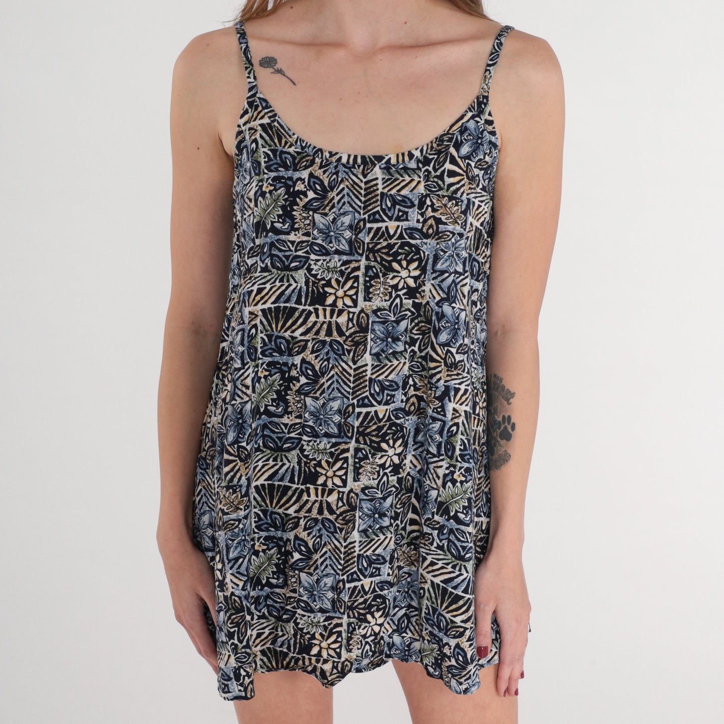90s Tropical Floral Stamp Print Tank Top Navy Tunic Rayon Small S