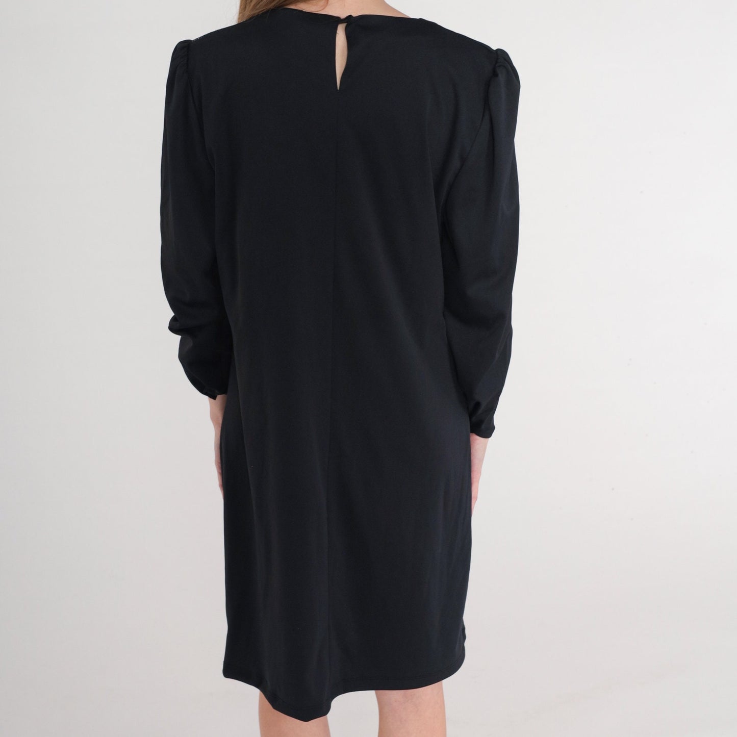 70s Black Mini Dress Metallic Shoulder Puff Sleeve Shift Large