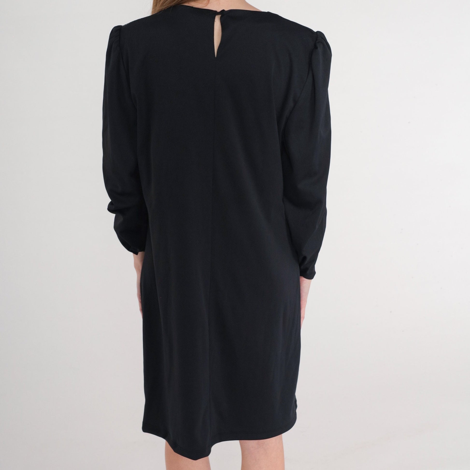 70s Black Mini Dress Metallic Shoulder Puff Sleeve Shift Large