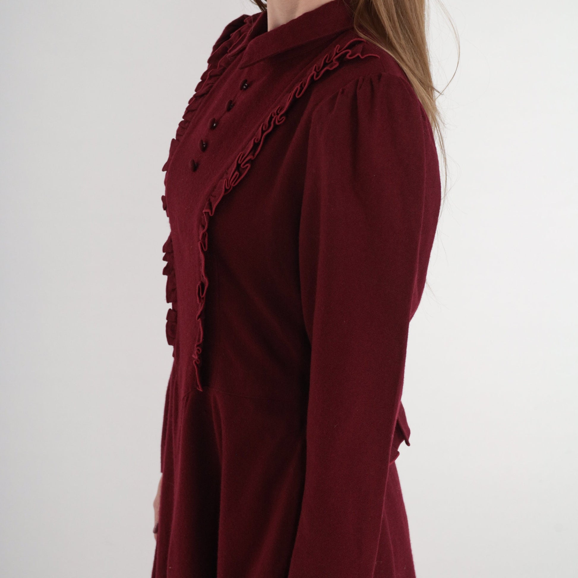 80s Dark Red Wool Midi Dress Puff Sleeve Basque Waist Collared Medium M