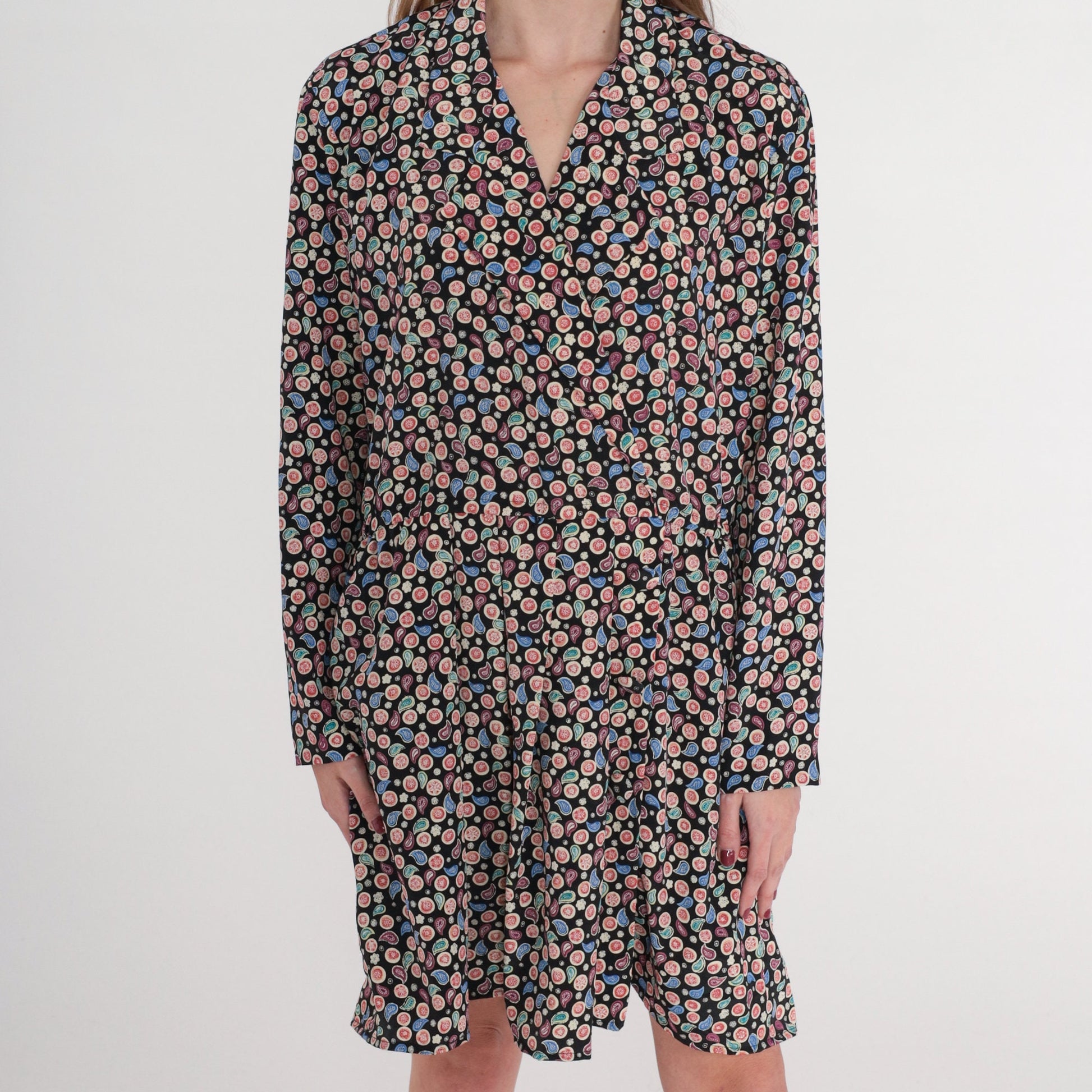 90s Leslie Fay Faux Wrap Mini Dress Paisley Floral V Neck Long Sleeve Black Medium