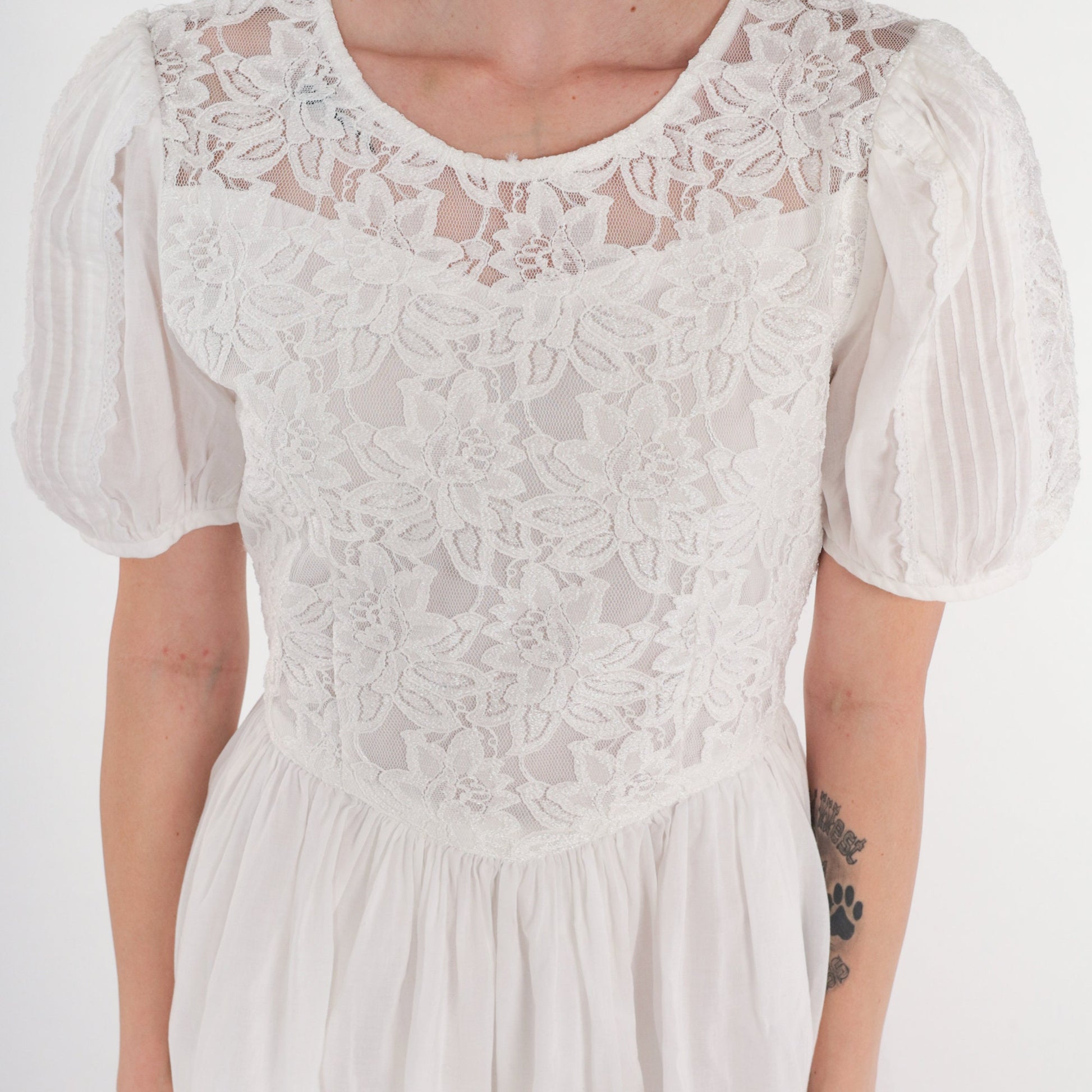 Y2K White Lace Mini Dress Puff Sleeve High Waist Bow Back Small